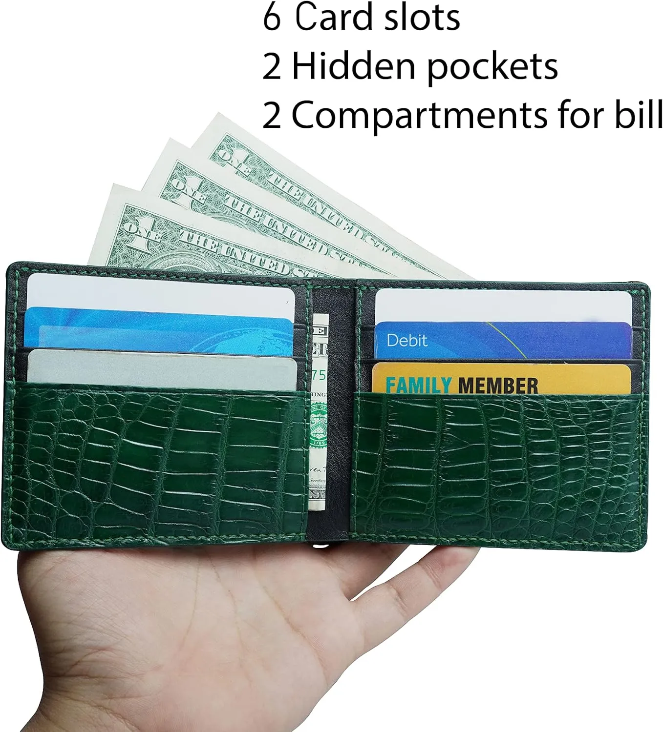 HATA Mens Green Croc Slim Bifold Leather Wallets RFID Blocking AIIigator Wallet Double Side Luxury Passcase with ID Window Classic Handmade Gift for Dad Son Husband Boyfriend VIMIX-81