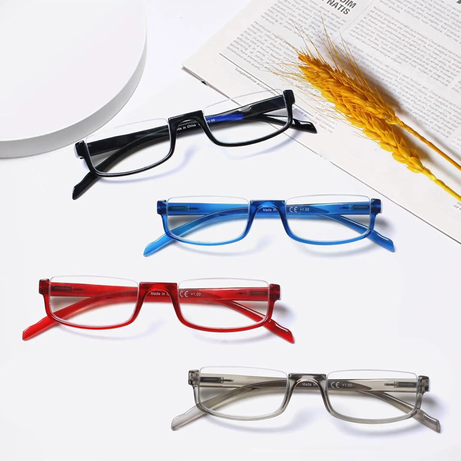 Henotin 4 Pair Reading Glasses for Women Men Readers Half Moon Frame Blue Light Blocking Spring Hinge Eyeglasses(C-mix, 1.50, diopters)
