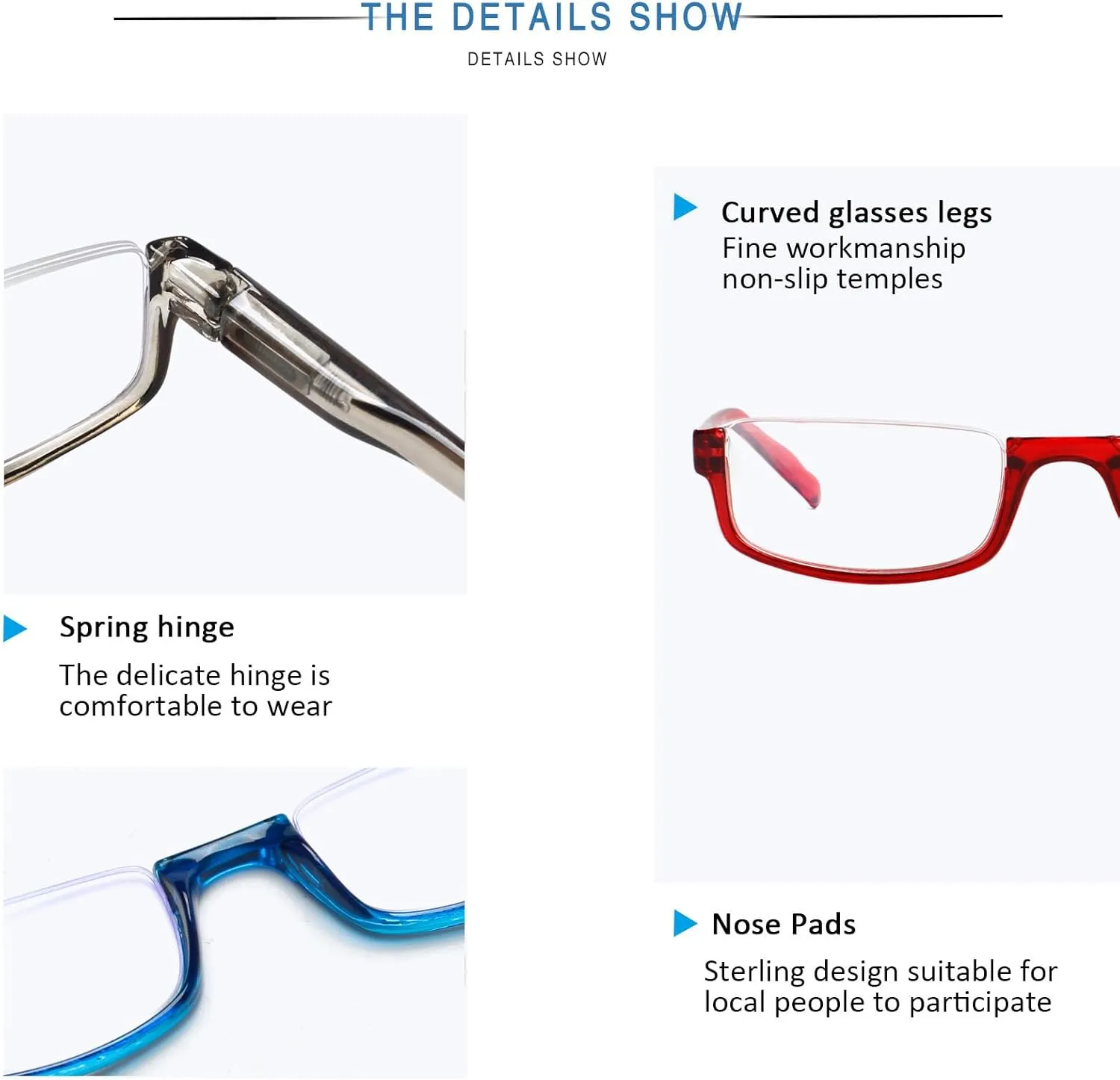Henotin 4 Pair Reading Glasses for Women Men Readers Half Moon Frame Blue Light Blocking Spring Hinge Eyeglasses(C-mix, 1.50, diopters)