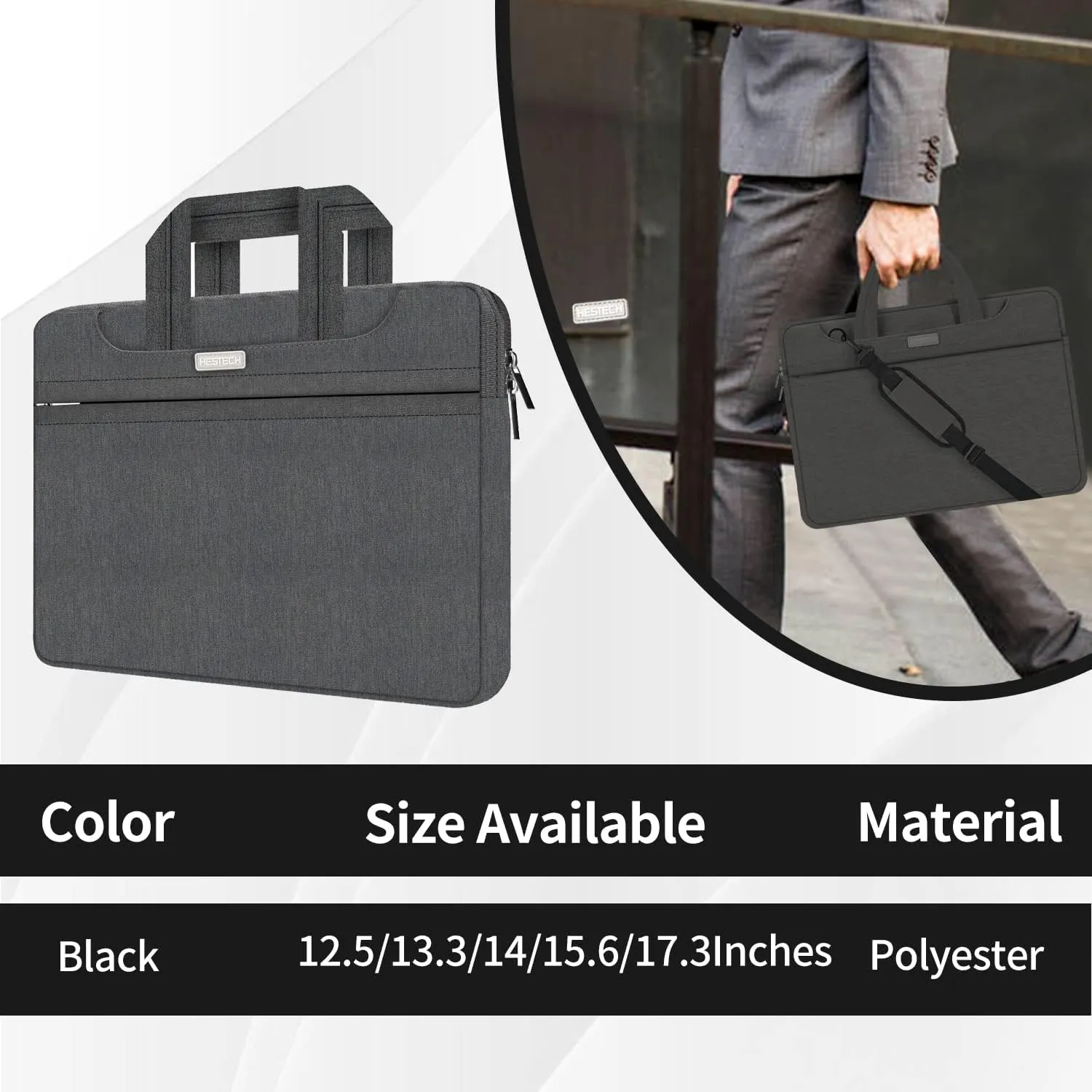 HESTECH 15.6 Inch Laptop Shoulder Bag - Case Sleeve for MacBook Air 15Inch M2/M3, MacBook Pro 16 Inch M3/M4, Acer/HP/Dell/Asus - Black