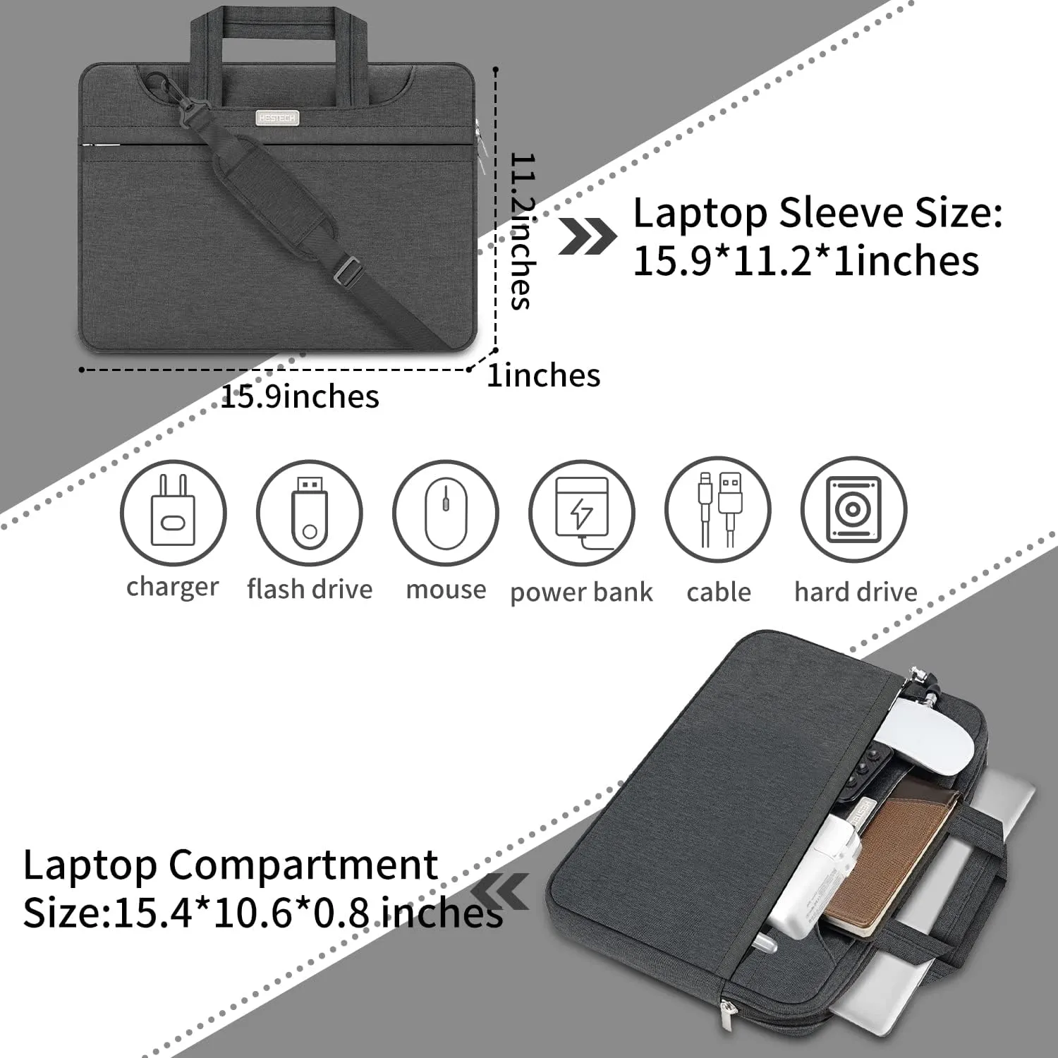 HESTECH 15.6 Inch Laptop Shoulder Bag - Case Sleeve for MacBook Air 15Inch M2/M3, MacBook Pro 16 Inch M3/M4, Acer/HP/Dell/Asus - Black
