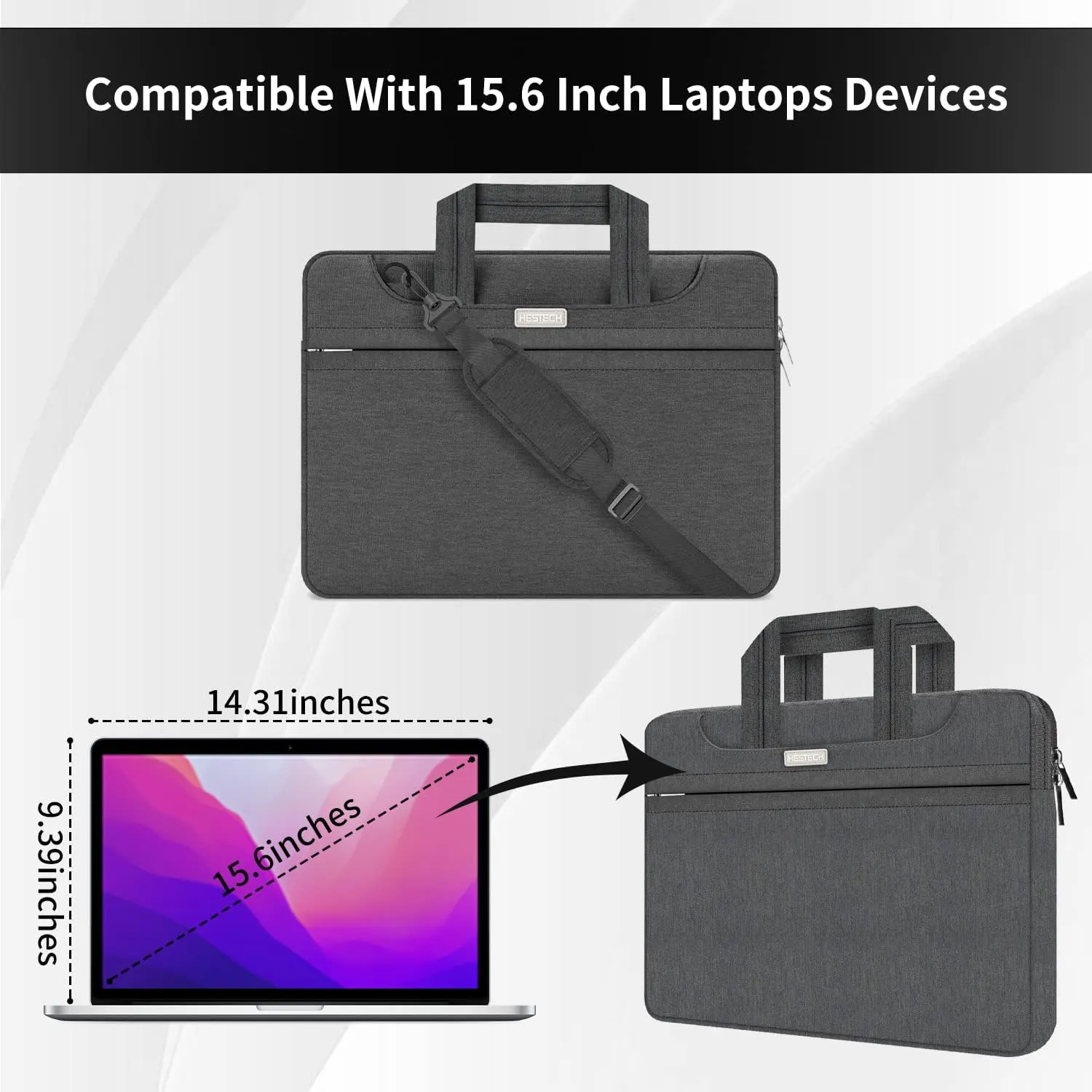 HESTECH 15.6 Inch Laptop Shoulder Bag - Case Sleeve for MacBook Air 15Inch M2/M3, MacBook Pro 16 Inch M3/M4, Acer/HP/Dell/Asus - Black