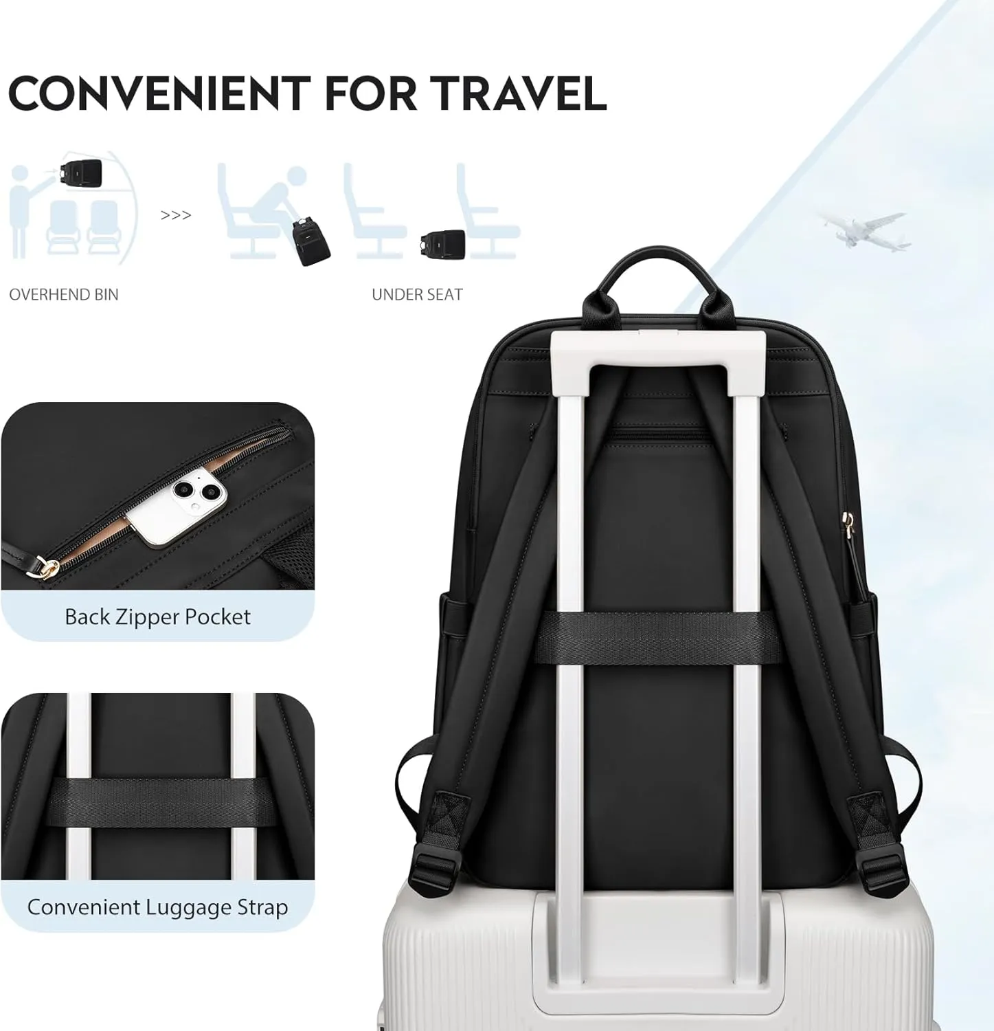 Hiking Travel Backpack for Women Casual Business Weekender Multilayer Laptop Bag,16 Inch,Black