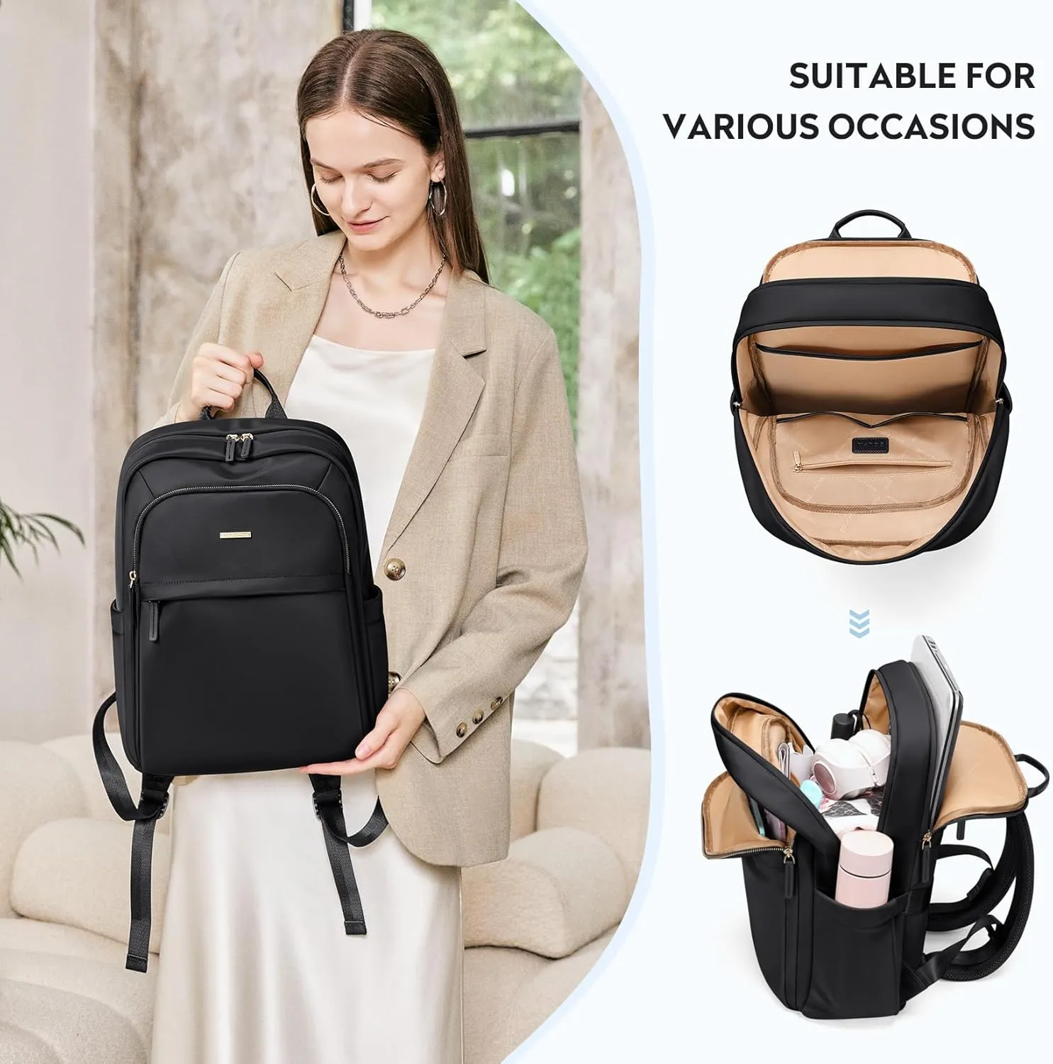 Hiking Travel Backpack for Women Casual Business Weekender Multilayer Laptop Bag,16 Inch,Black
