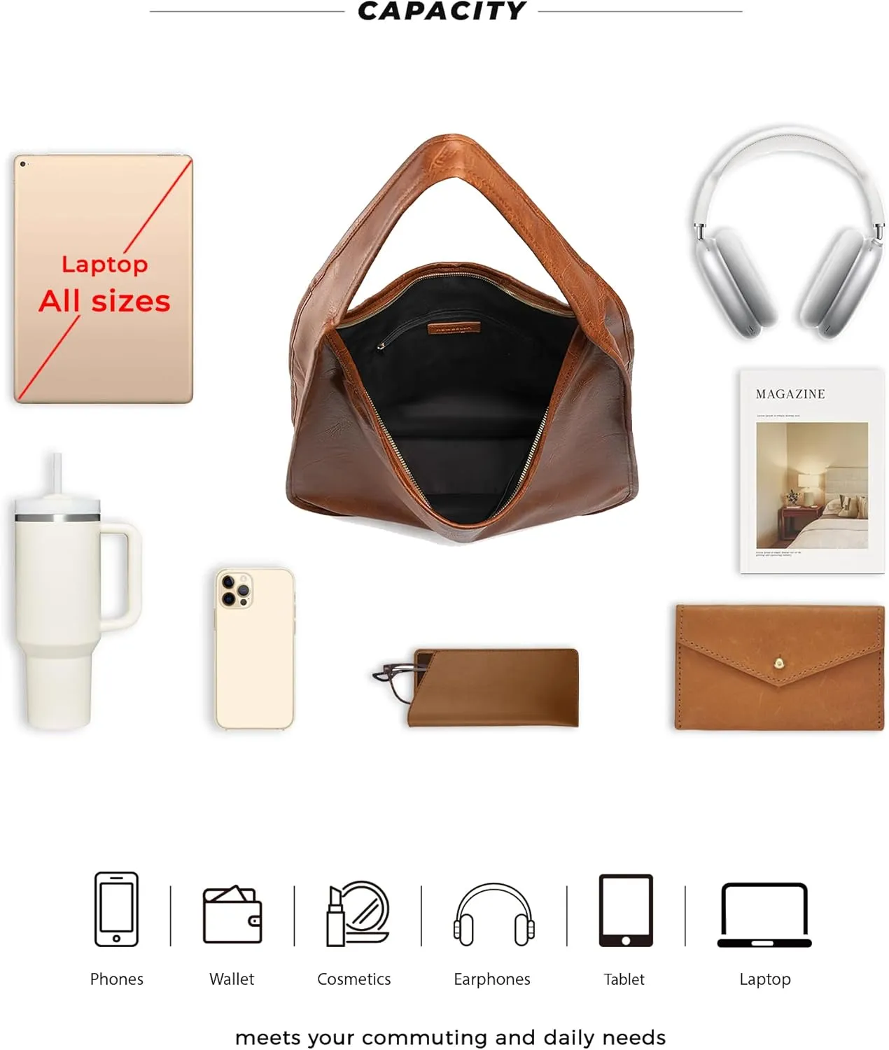Hobo Purse, PU Leather Shoulder Bag, Tote Handbag for Work and Travel