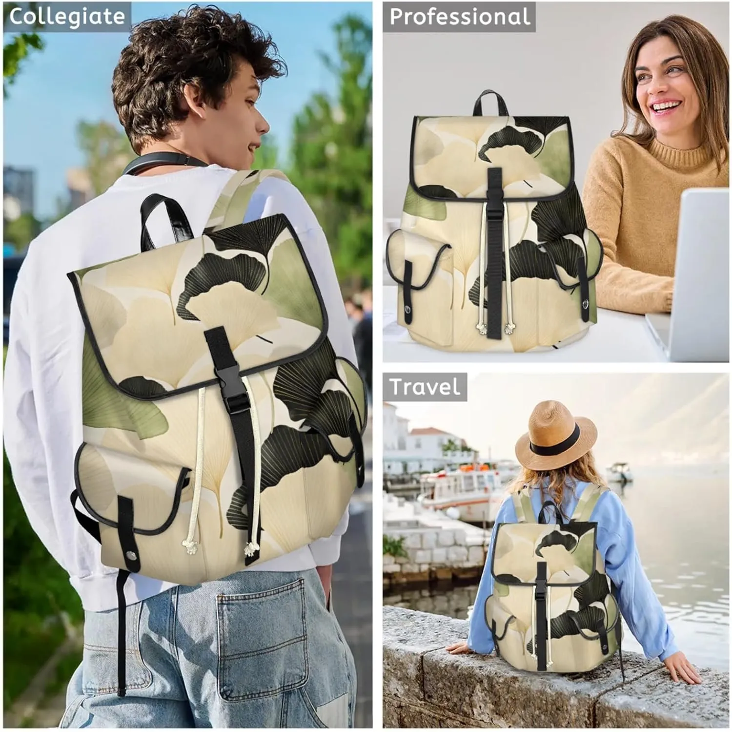 Honeybaby Vintage Waterproof Laptop Backpack for Men/Women Travel Essentials Backpack Expandable Carry On Bag with Anti-Theft Compartment Fits 15" Notebook Ginkgo Leaf