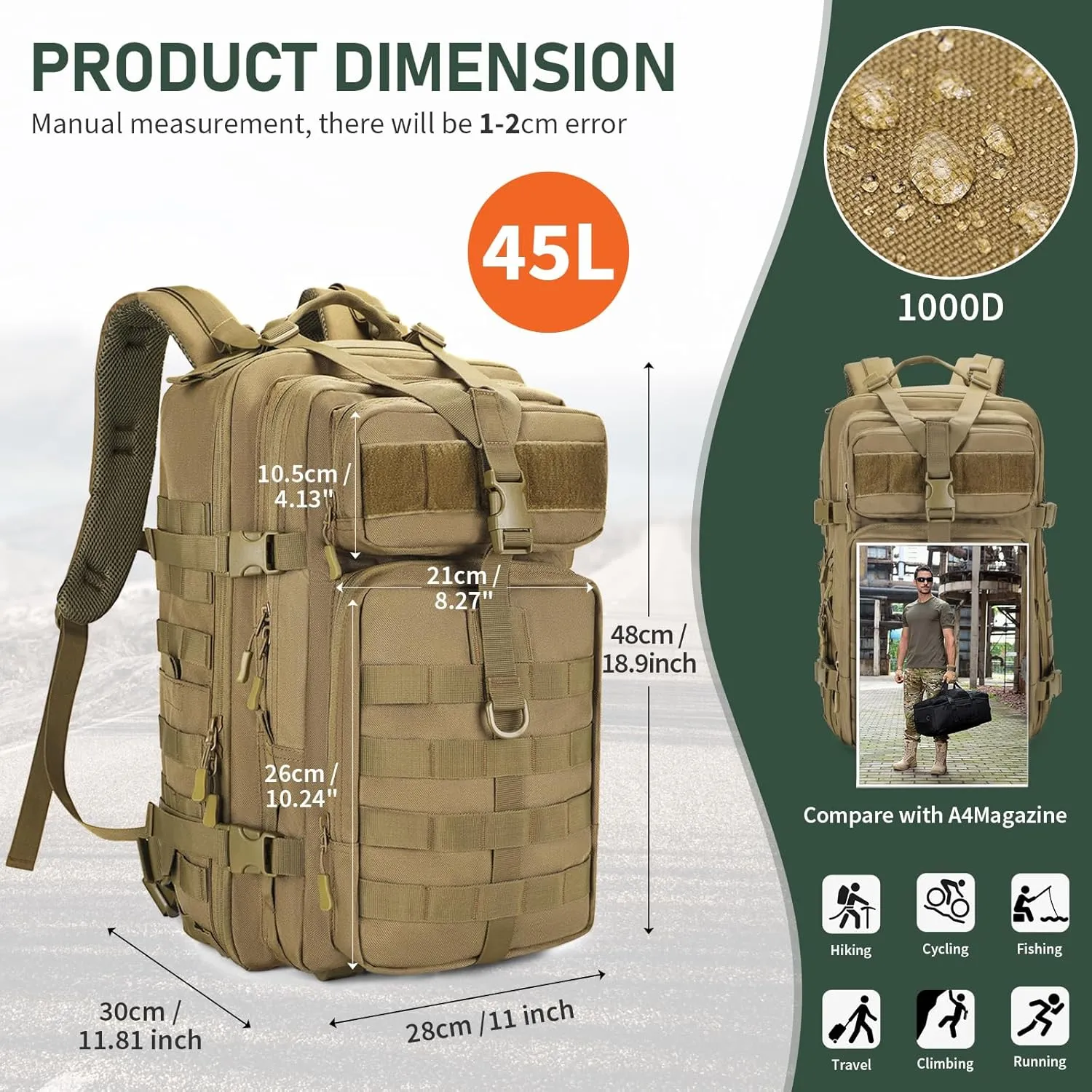 HUNTVP Military Tactical Backpack 45L Tactical Laptop Backpack MOLLE Backpack 1000D 3 Day Assault Pack Army Camping Hiking Rucksack Outdoor Backpack (Brown)