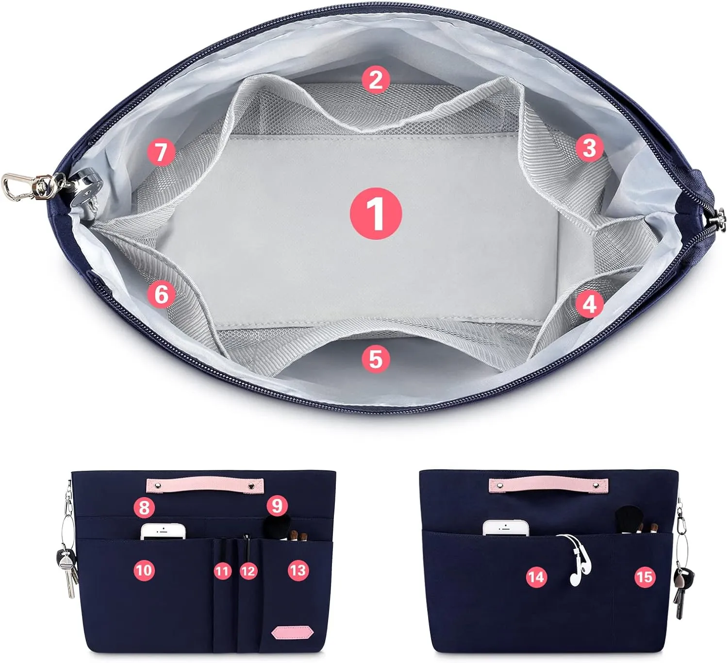 HyFanStr Purse Organizer Insert for Handbags,Tote Bag Organizer Insert Zipper Bag for Women, Handbag Organizer Inside Liner with 15 Pockets