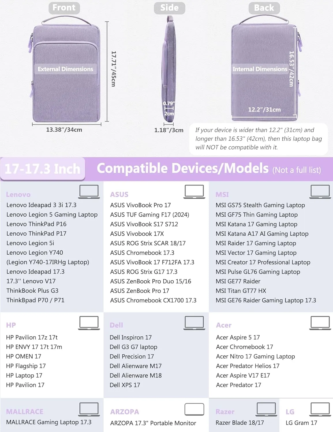 HYZUO 17-17.3 Inch Laptop Bag Case Sleeve for 17" 17.3" HP/Dell/Lenovo/ASUS/Acer/LG/MSI Gaming Laptop/Razer Blade 17/18, Notebook Carrying Briefcase for Men Women, Lilac Purple