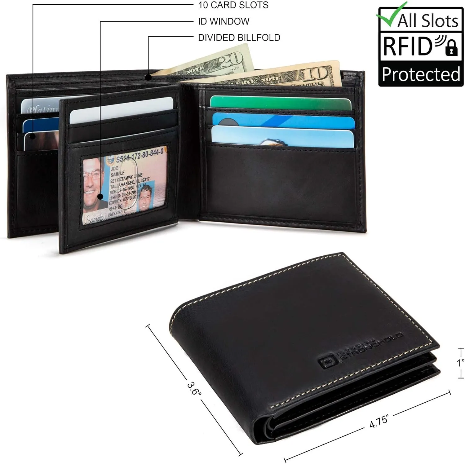 ID Stronghold Extra Capacity Bifold Wallet for Men - RFID Blocking Genuine Leather Wallet Luxury Black