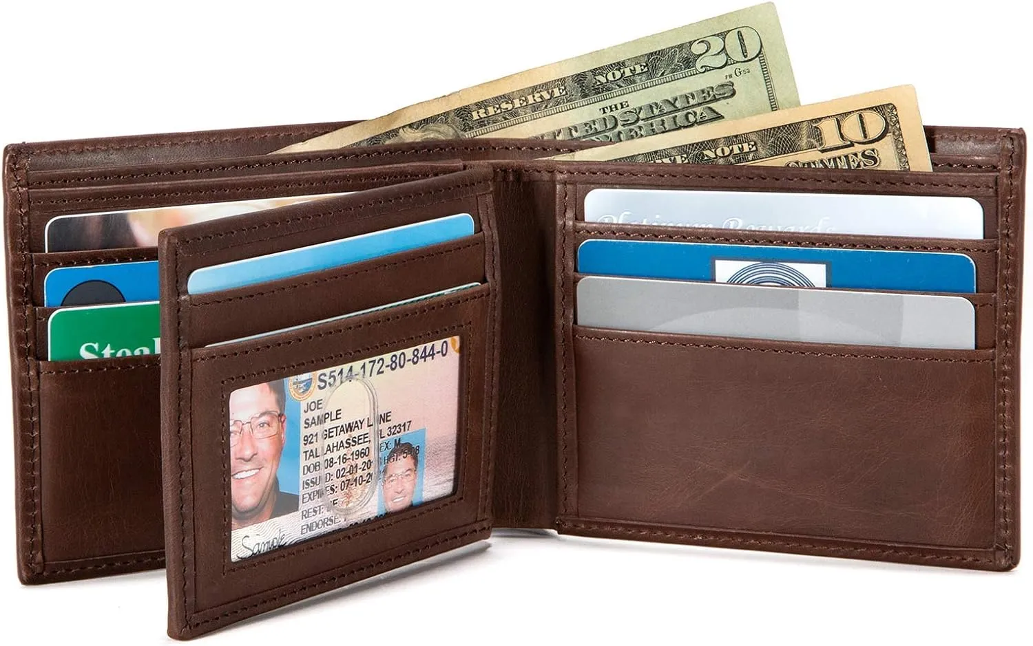 ID Stronghold Extra Capacity Bifold Wallet for Men - RFID Blocking Genuine Leather Wallet Luxury Brown