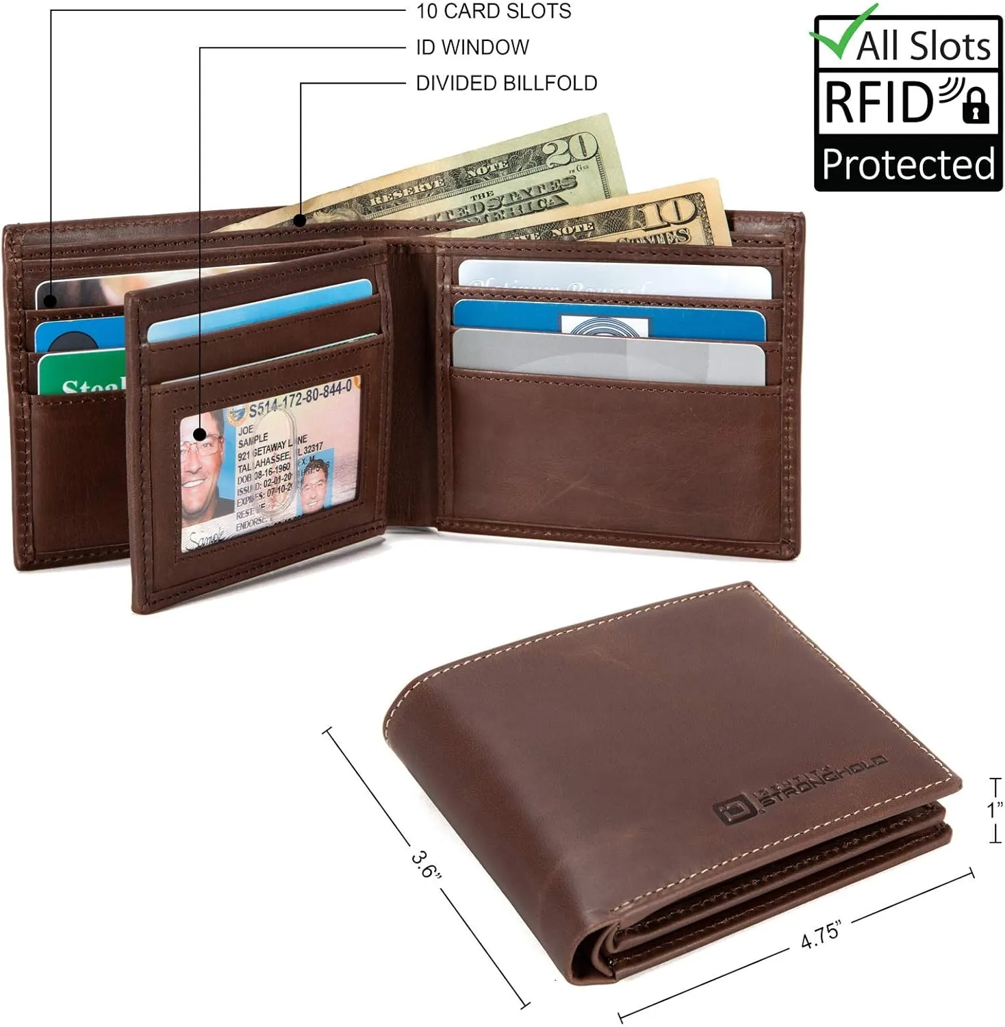 ID Stronghold Extra Capacity Bifold Wallet for Men - RFID Blocking Genuine Leather Wallet Luxury Brown