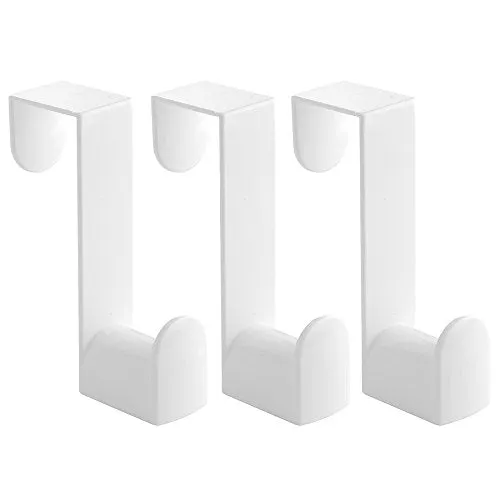 iDesign Plastic Over the Door Valet Hook with Slots for Clothes Hangers for Coats, Hats, Robes, Towels in Bathroom, Bedroom, College Dorm Room, Office, 1" x 3.25" x 4.5", Set of 3 - White