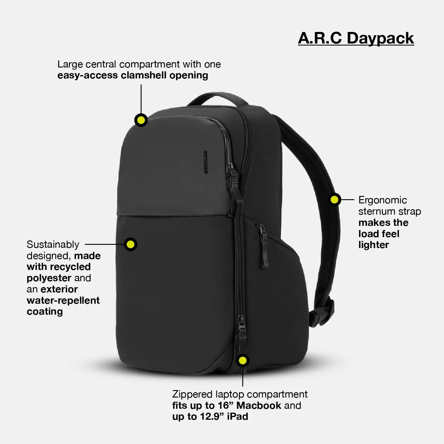 Incase A.R.C. Daypack - Work/School/Everyday Backpack & Laptop Bag, 24L Main Pocket,16inch Faux Fur Laptop Compartment, Easy Access RFID Organization Pocket, Two Side Zippered Pockets - Black