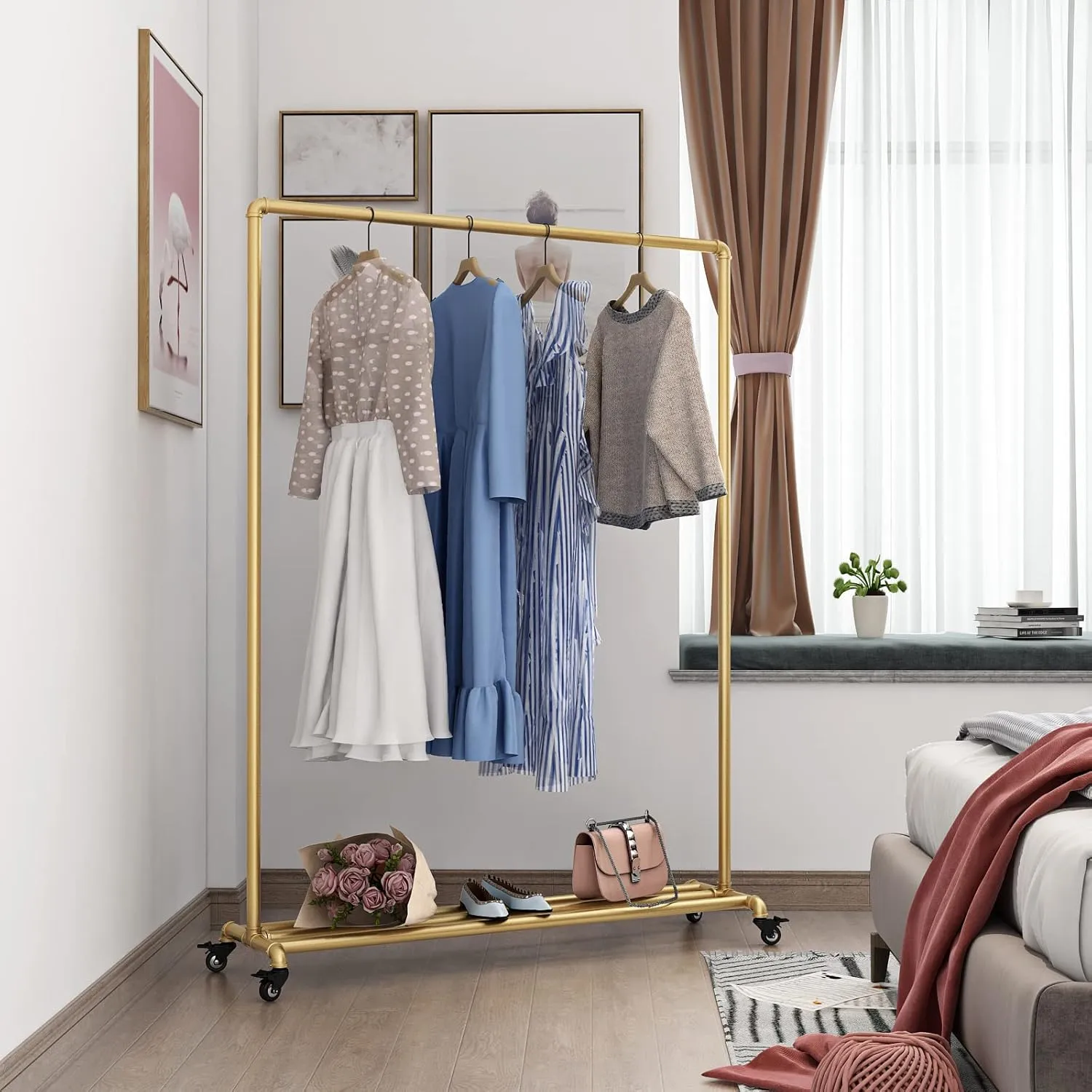 Industrial Gold Clothing Racks on Wheels, Boutique Display Gold Clothes Rack with Shelf, Rolling Garment Rack for Retail Use