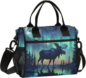 Insulated Lunch Bag Aurora Night Moose Print with Multiple Compartment, Reusable Leak-proof Cooler Bag Lunch Box Detachable Shoulder Strap Medium