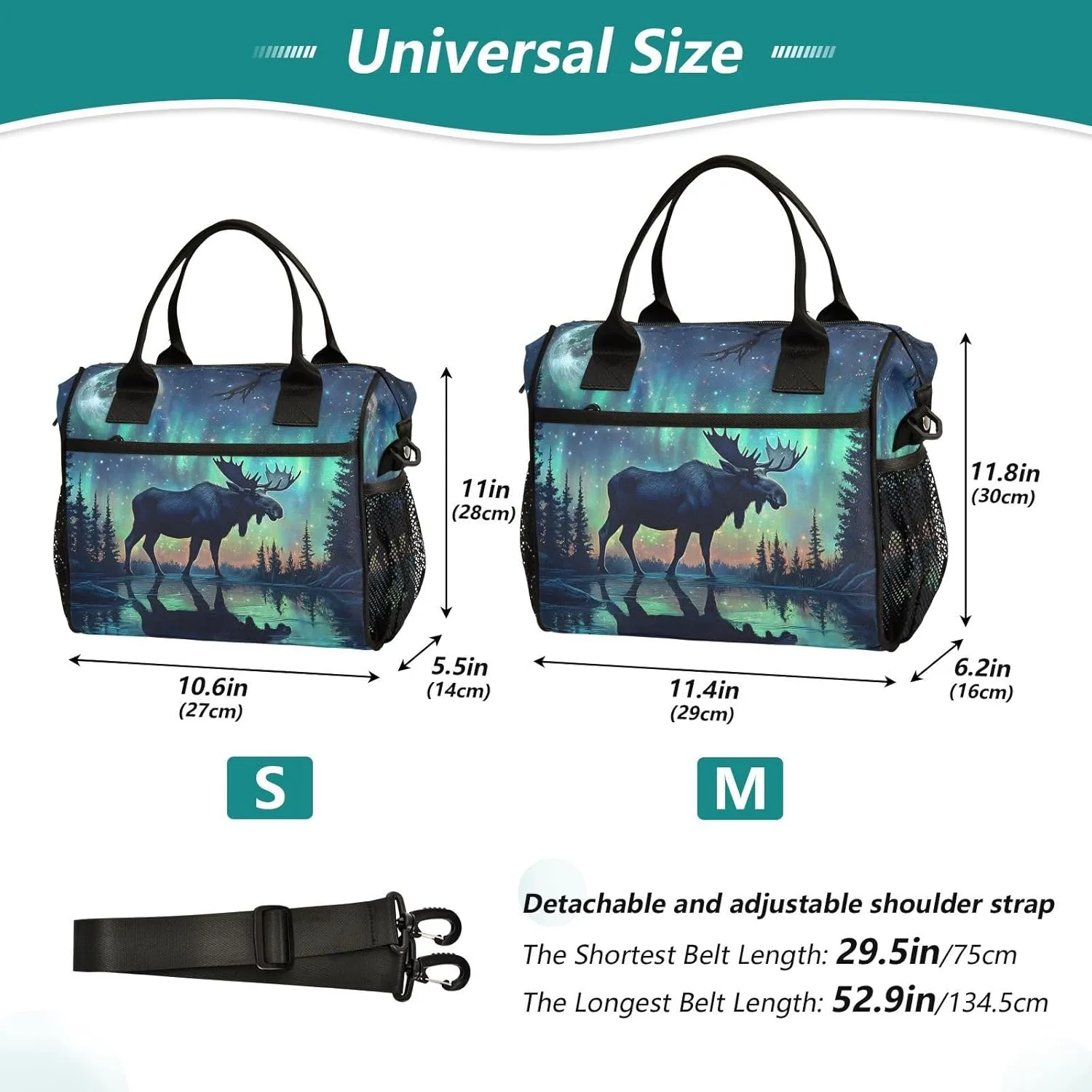 Insulated Lunch Bag Aurora Night Moose Print with Multiple Compartment, Reusable Leak-proof Cooler Bag Lunch Box Detachable Shoulder Strap Medium