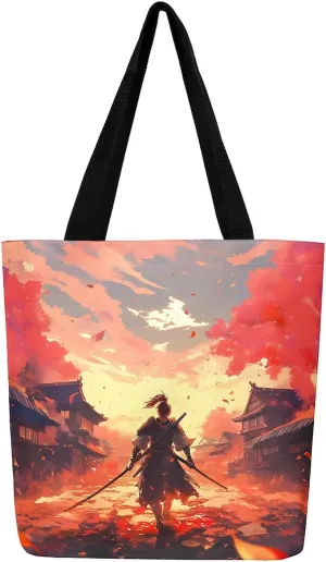 Japanese Style Canvas Bag Oriental Ukiyoe Grocery Bag, Cherry Blossoms Canvas Tote Bag