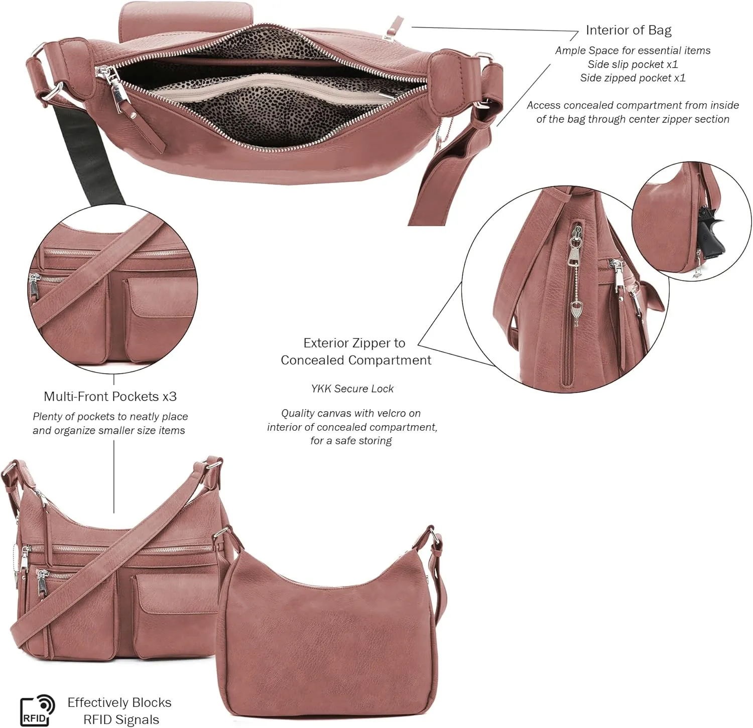 JESSIE & JAMES Large Concealed Carry Crossbody Bag For Women Gunbag Shoulder Purse With Detachable Holster