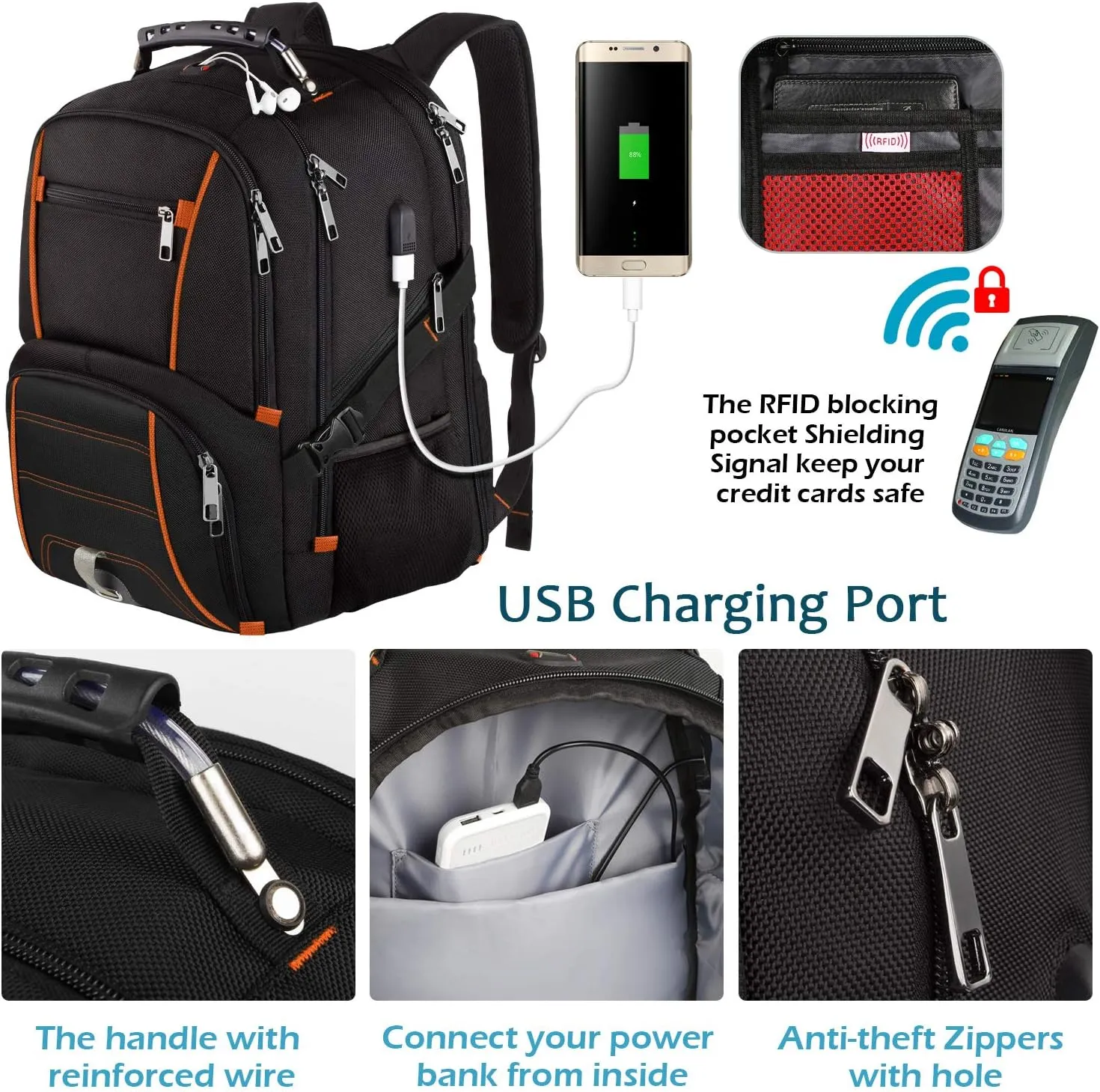 Jiefeike Travel Laptop Backpack for Men,17.3inch Traveling College Bookbag for Boys,Extra Large Capacity Backpack with USB Charger Port,TSA Friendly Flight Approved,RFID Anti-Theft,Water Resistant