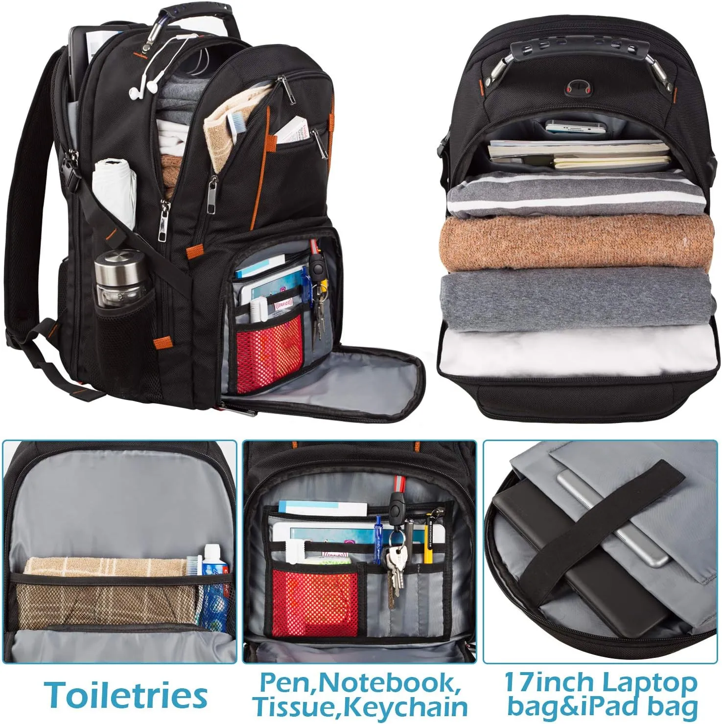 Jiefeike Travel Laptop Backpack for Men,17.3inch Traveling College Bookbag for Boys,Extra Large Capacity Backpack with USB Charger Port,TSA Friendly Flight Approved,RFID Anti-Theft,Water Resistant