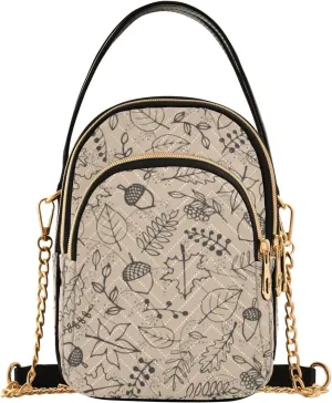 JIPONI Autumn Maple Berry Acorn Line Art Quilted Crossbody Bag for Women, Small Cell Phone Bag Shoulder Handbags Purse with Leather Strap
