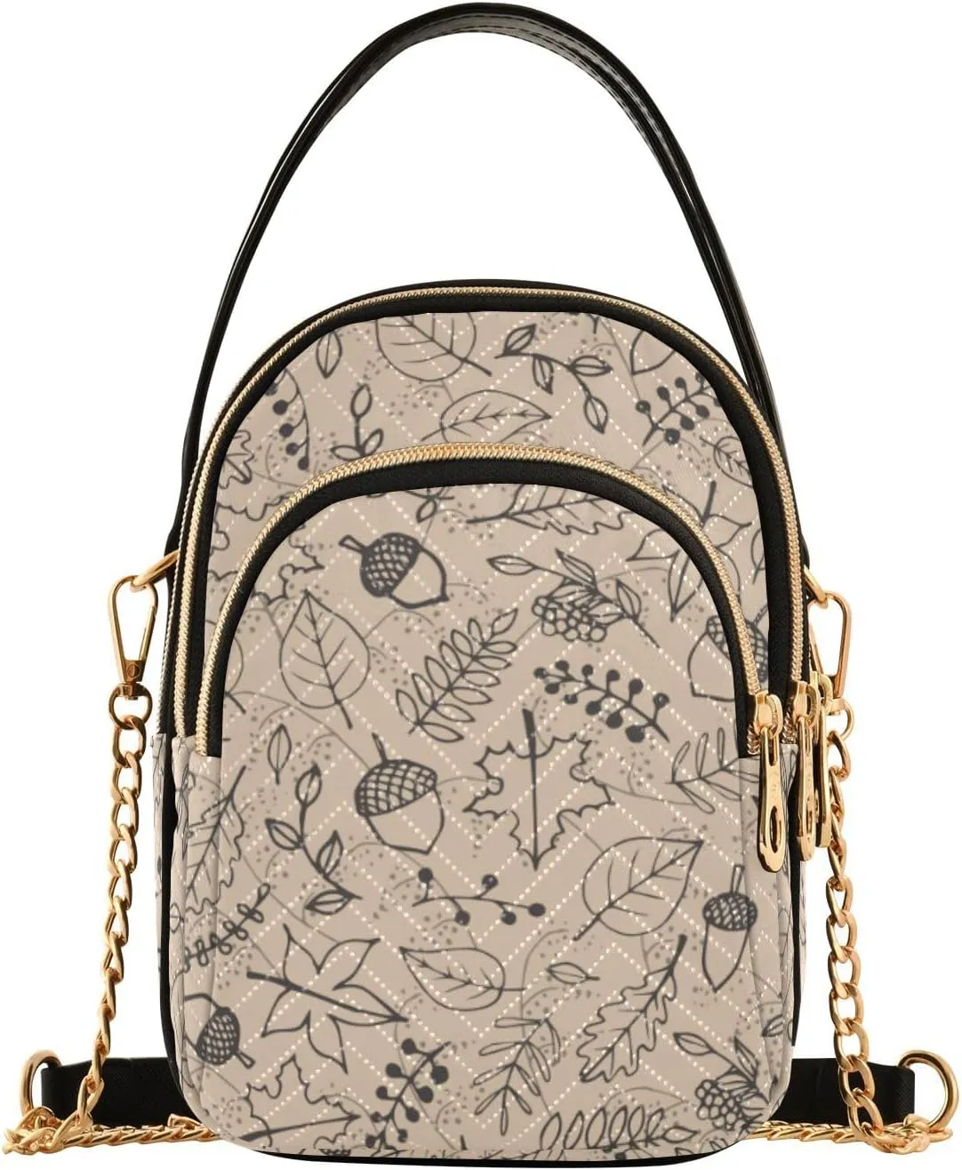 JIPONI Autumn Maple Berry Acorn Line Art Quilted Crossbody Bag for Women, Small Cell Phone Bag Shoulder Handbags Purse with Leather Strap