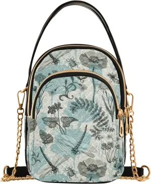 JIPONI Summer Vintage Butterfly Dragonfly Beetle and Plant Quilted Crossbody Bag for Women, Small Cell Phone Bag Shoulder Handbags Purse with Leather Strap