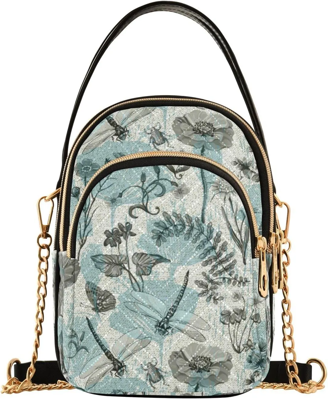 JIPONI Summer Vintage Butterfly Dragonfly Beetle and Plant Quilted Crossbody Bag for Women, Small Cell Phone Bag Shoulder Handbags Purse with Leather Strap