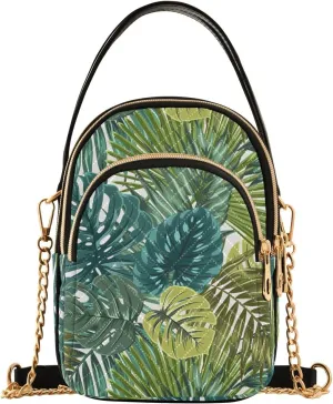 JIPONI Tropical Rainforest Palm Monstera Leaves Quilted Crossbody Bag for Women, Small Cell Phone Bag Shoulder Handbags Purse with Leather Strap