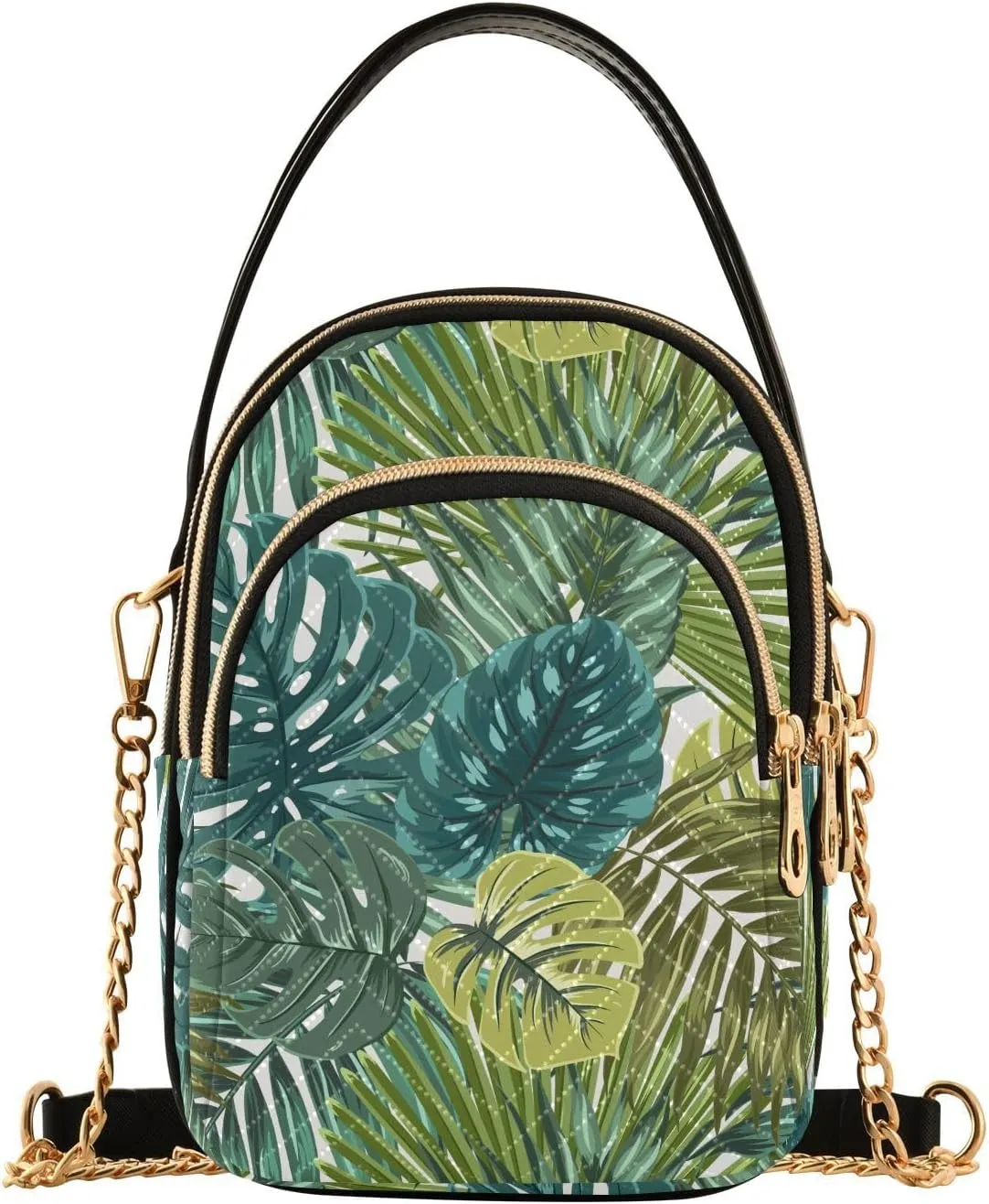 JIPONI Tropical Rainforest Palm Monstera Leaves Quilted Crossbody Bag for Women, Small Cell Phone Bag Shoulder Handbags Purse with Leather Strap