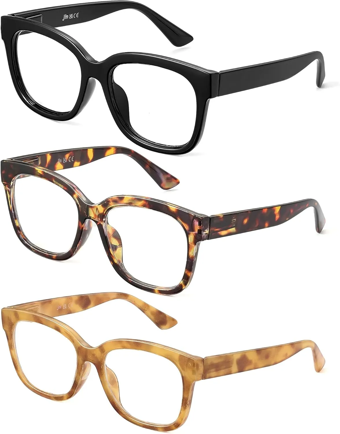 JM Reading Glasses for Women Oprah Style 3 Pack Square Oversized Readers with Spring Hinge Blue Light Blocking Ladies