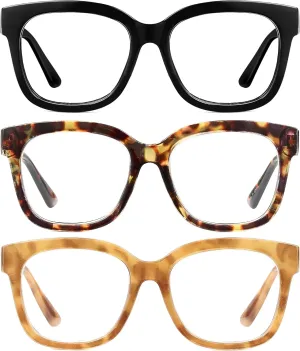 JM Reading Glasses for Women Oprah Style 3 Pack Square Oversized Readers with Spring Hinge Blue Light Blocking Ladies