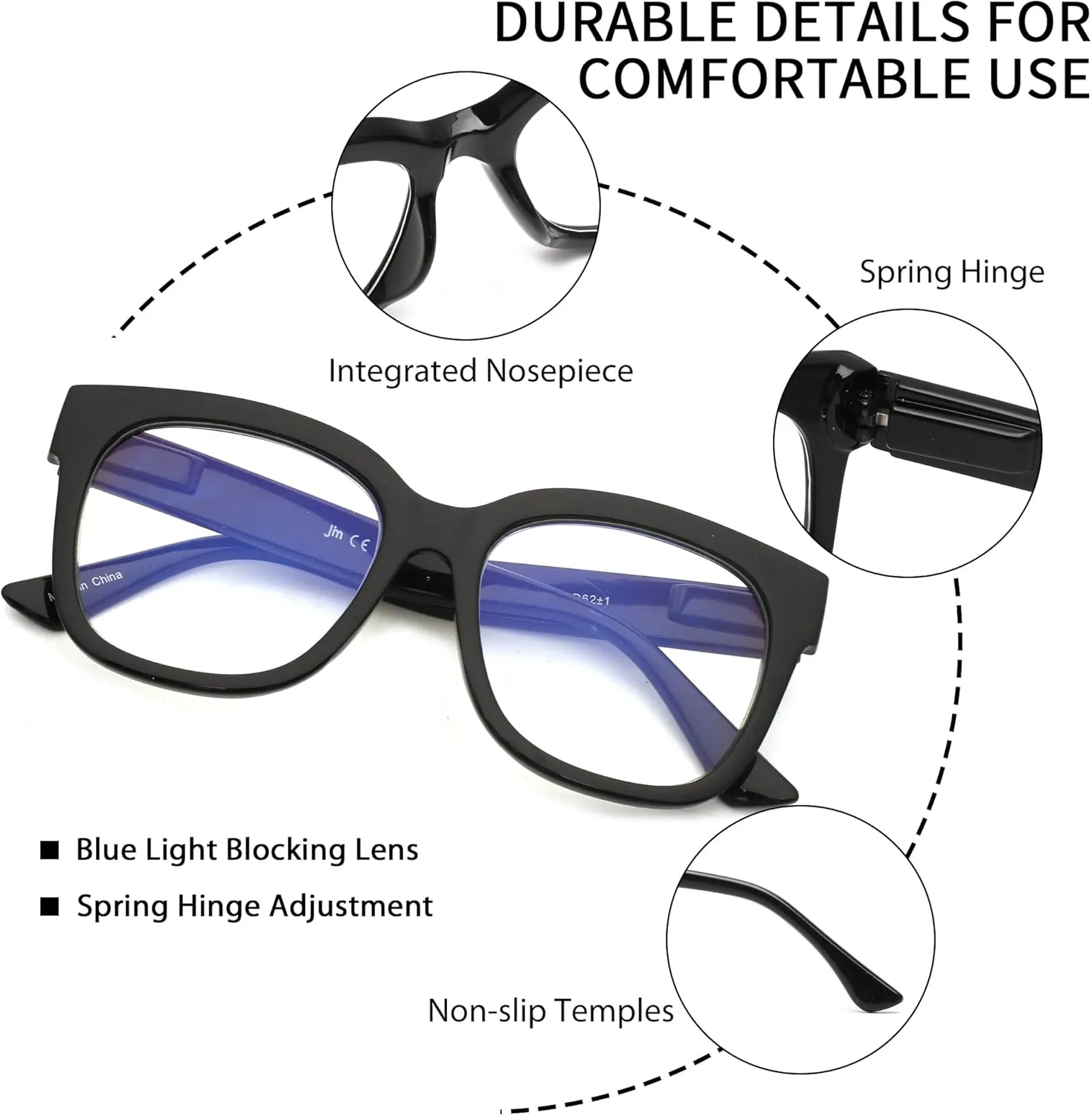 JM Reading Glasses for Women Oprah Style 3 Pack Square Oversized Readers with Spring Hinge Blue Light Blocking Ladies