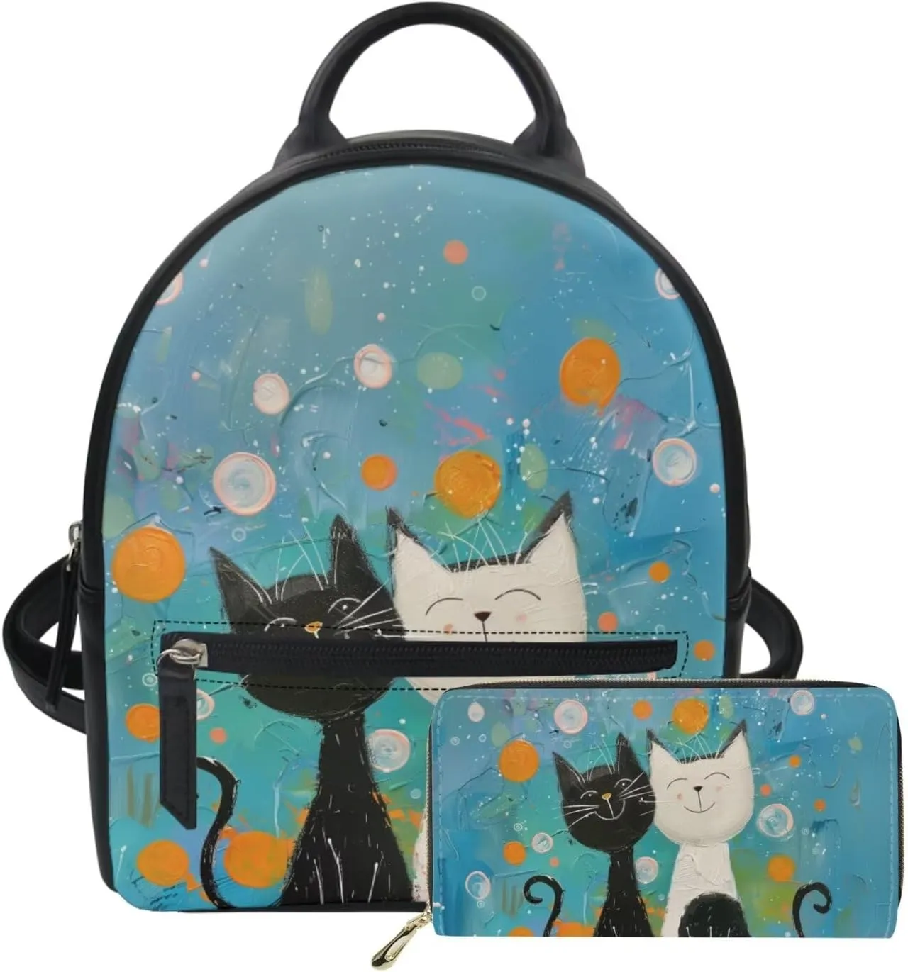 JoyLamoria Art Cat Print Coin Purse Wallet 2 Pack Bag Set Shoulder Bag Laptop Backpack Purse with Strap