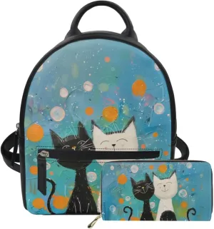 JoyLamoria Art Cat Print Coin Purse Wallet 2 Pack Bag Set Shoulder Bag Laptop Backpack Purse with Strap