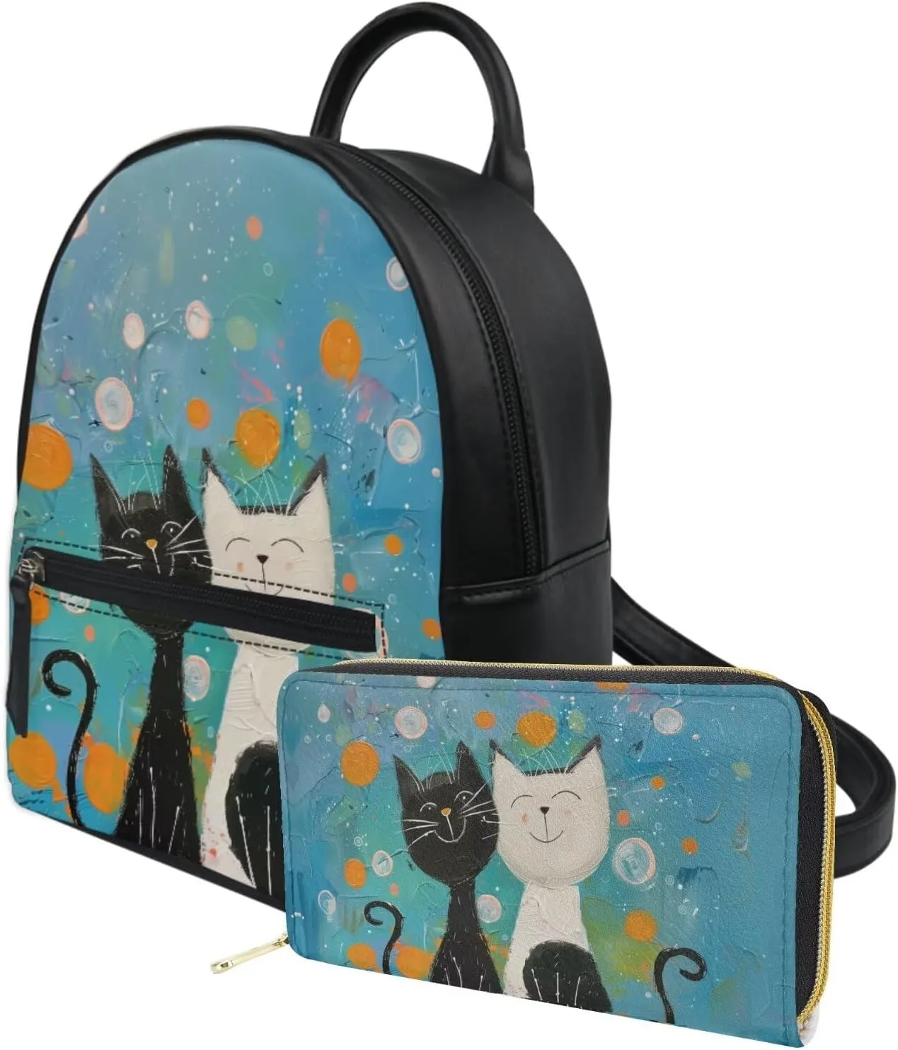 JoyLamoria Art Cat Print Coin Purse Wallet 2 Pack Bag Set Shoulder Bag Laptop Backpack Purse with Strap