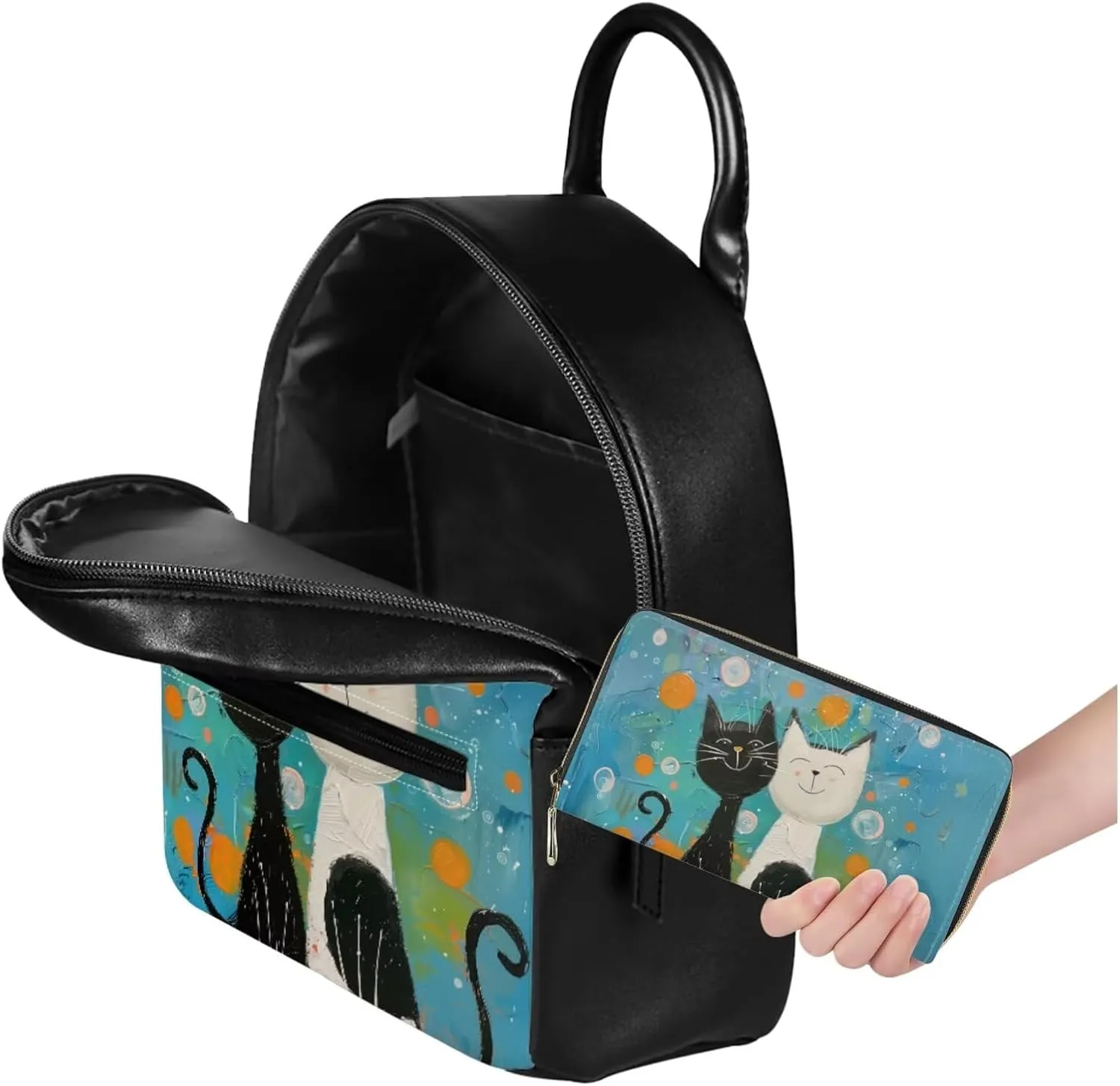 JoyLamoria Art Cat Print Coin Purse Wallet 2 Pack Bag Set Shoulder Bag Laptop Backpack Purse with Strap