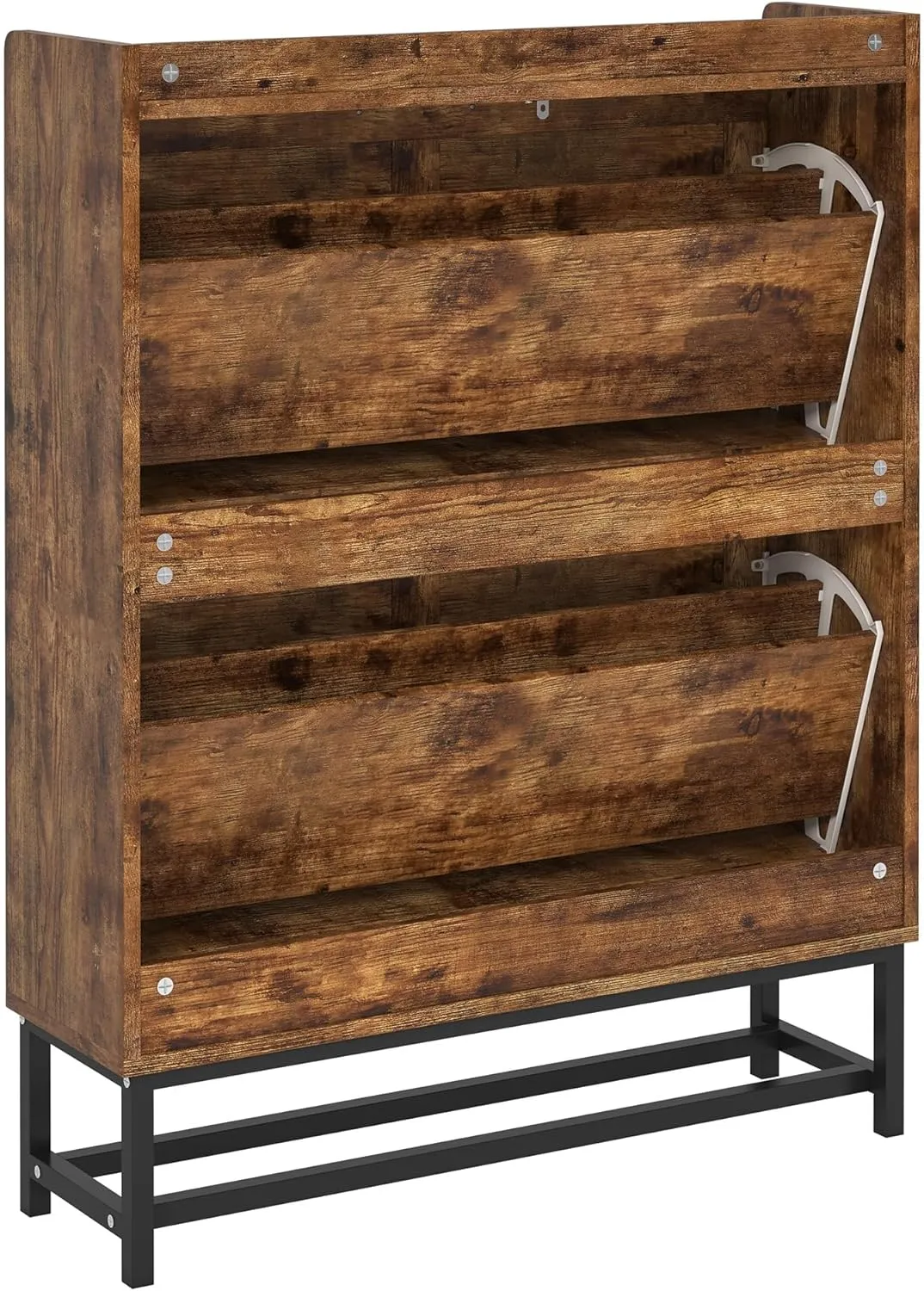 JSB Shoe Cabinet with 2 Flip Drawers, Freestanding Storage Organizer Shelf with Metal Legs, Narrow Shoe Rack Cabinet for Entryway (Rustic Brown, 2-Drawers)