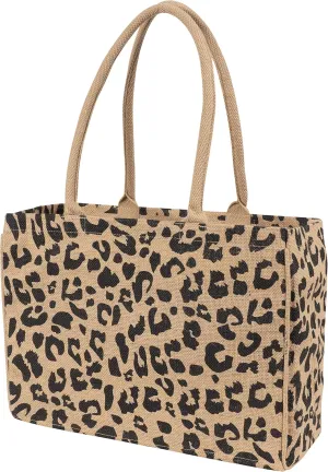 KAF Home Jute Market Tote Bag, Leopard Print, Durable Handle, Reinforced Bottom and Interior Zipper Pocket