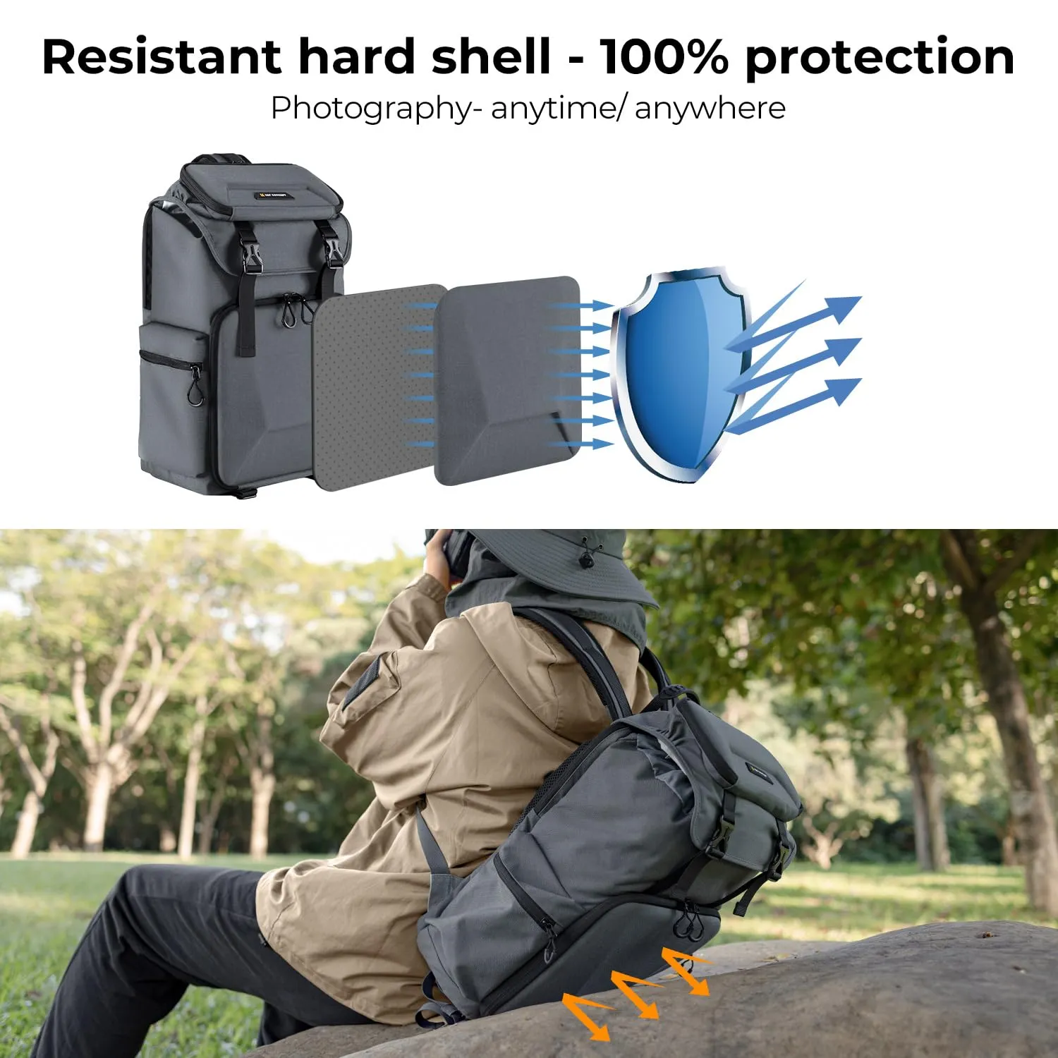 K&F Concept Camera Backpack, Hard Shell Camera Bag, Large Capacity Photography Backpack with 15.6" Laptop Compartment & Tripod Holder & Rain Cover, Bags for DSLR SLR Cameras and Accessories, Grey