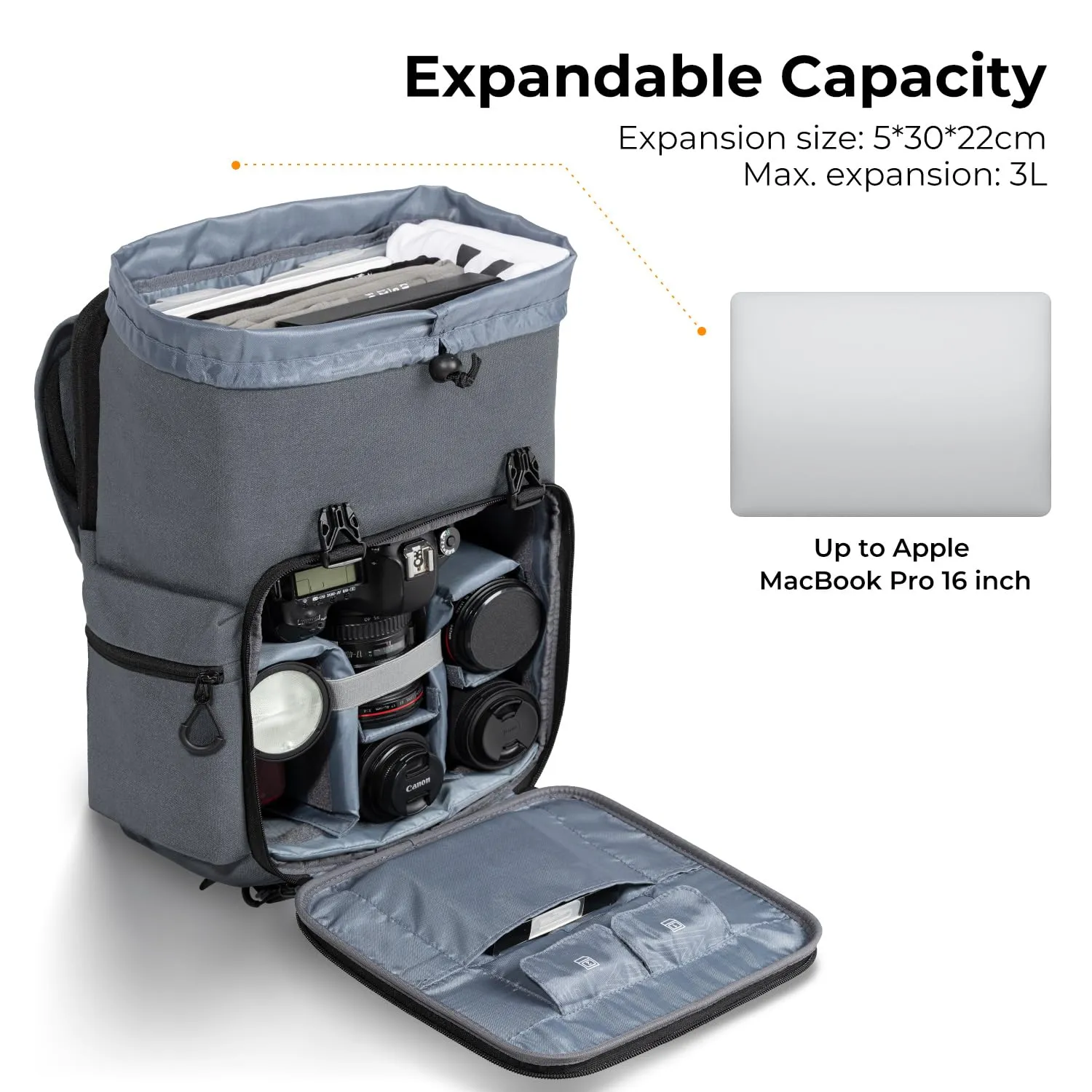 K&F Concept Camera Backpack, Hard Shell Camera Bag, Large Capacity Photography Backpack with 15.6" Laptop Compartment & Tripod Holder & Rain Cover, Bags for DSLR SLR Cameras and Accessories, Grey