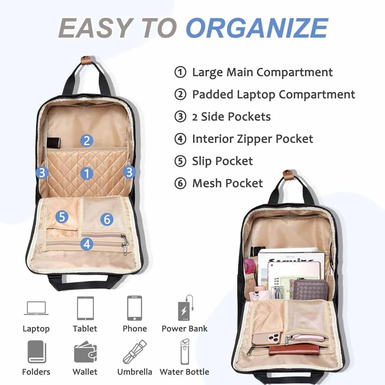 Kasqo Backpack for Women Men, 15.6" Classic Laptop Bookbag with USB Charging Port for College Travel Work