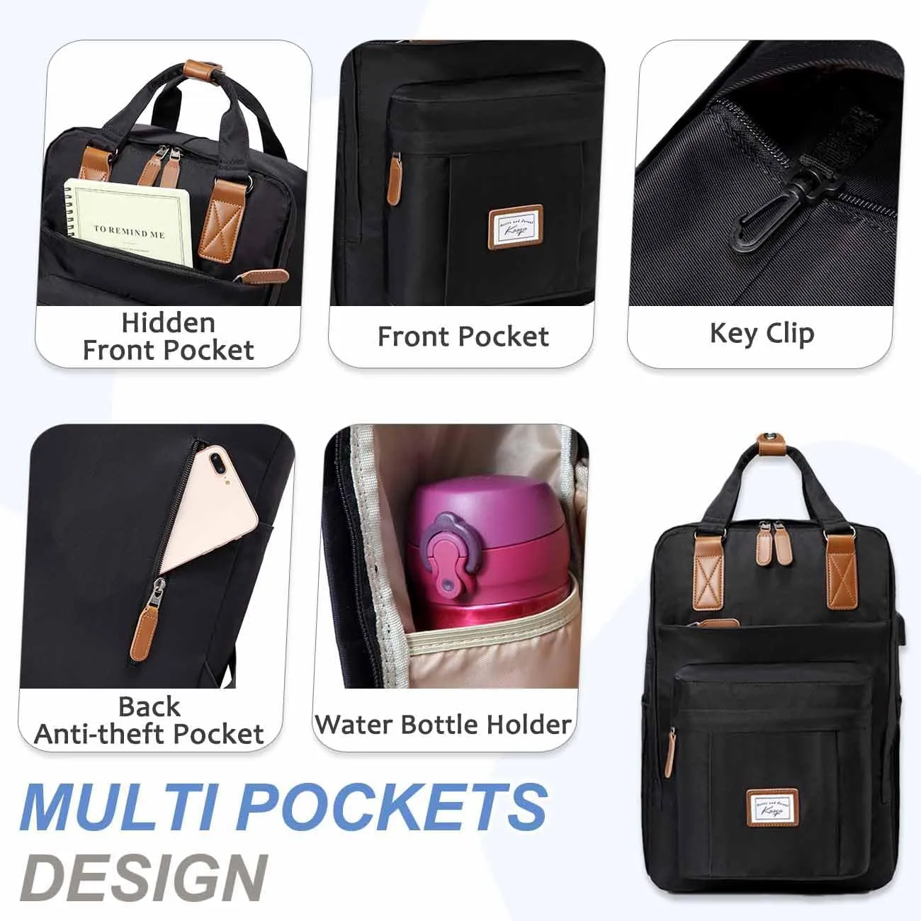 Kasqo Backpack for Women Men, 15.6" Classic Laptop Bookbag with USB Charging Port for College Travel Work