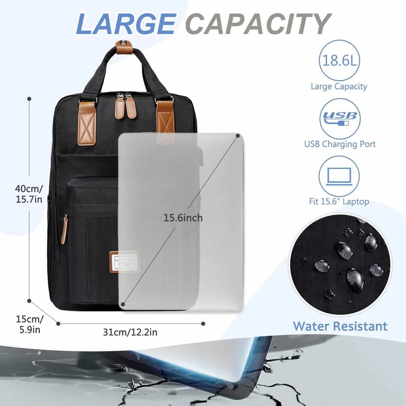 Kasqo Backpack for Women Men, 15.6" Classic Laptop Bookbag with USB Charging Port for College Travel Work