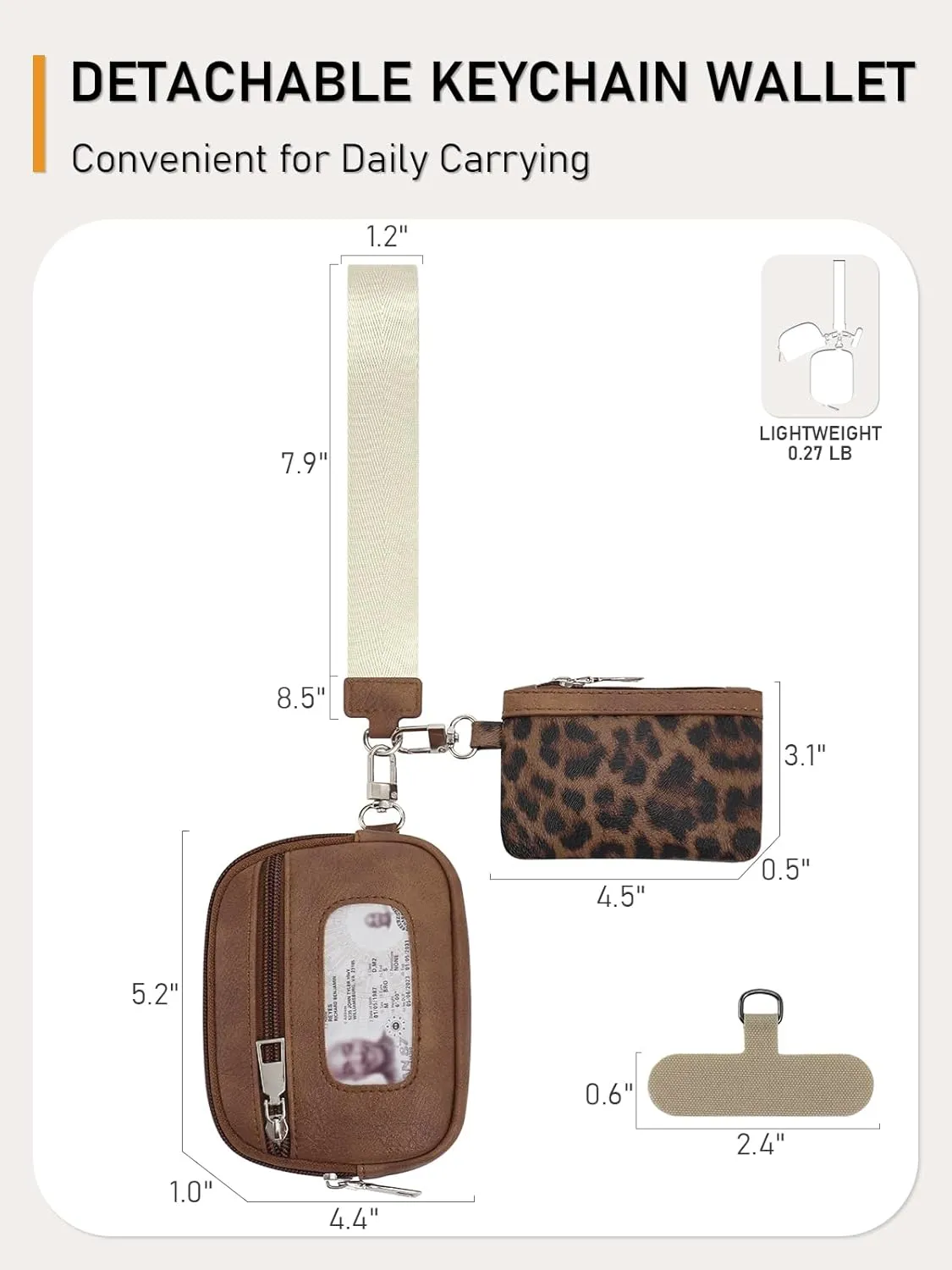 Keychain Wallet Mini Zip Around Dual Pouch Wristlet Detachable Coin Purse for Women and Men with Phone Tether Tab