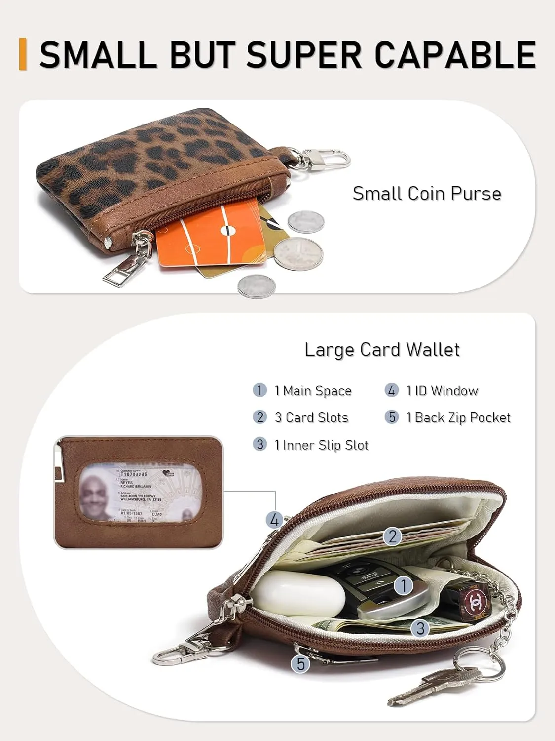 Keychain Wallet Mini Zip Around Dual Pouch Wristlet Detachable Coin Purse for Women and Men with Phone Tether Tab