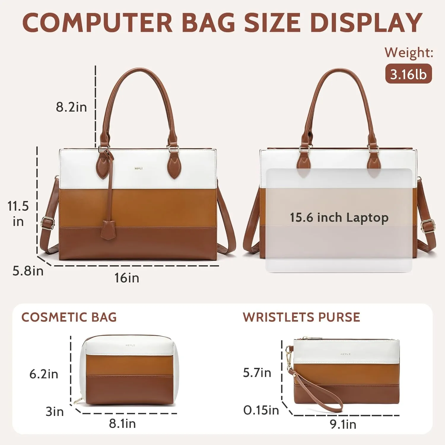 Keyli 3pc Sets Laptop Bag for Women,15.6 Inch Work Tote Bags Waterproof Leather Business Computer Briefcase Shoulder Handbag