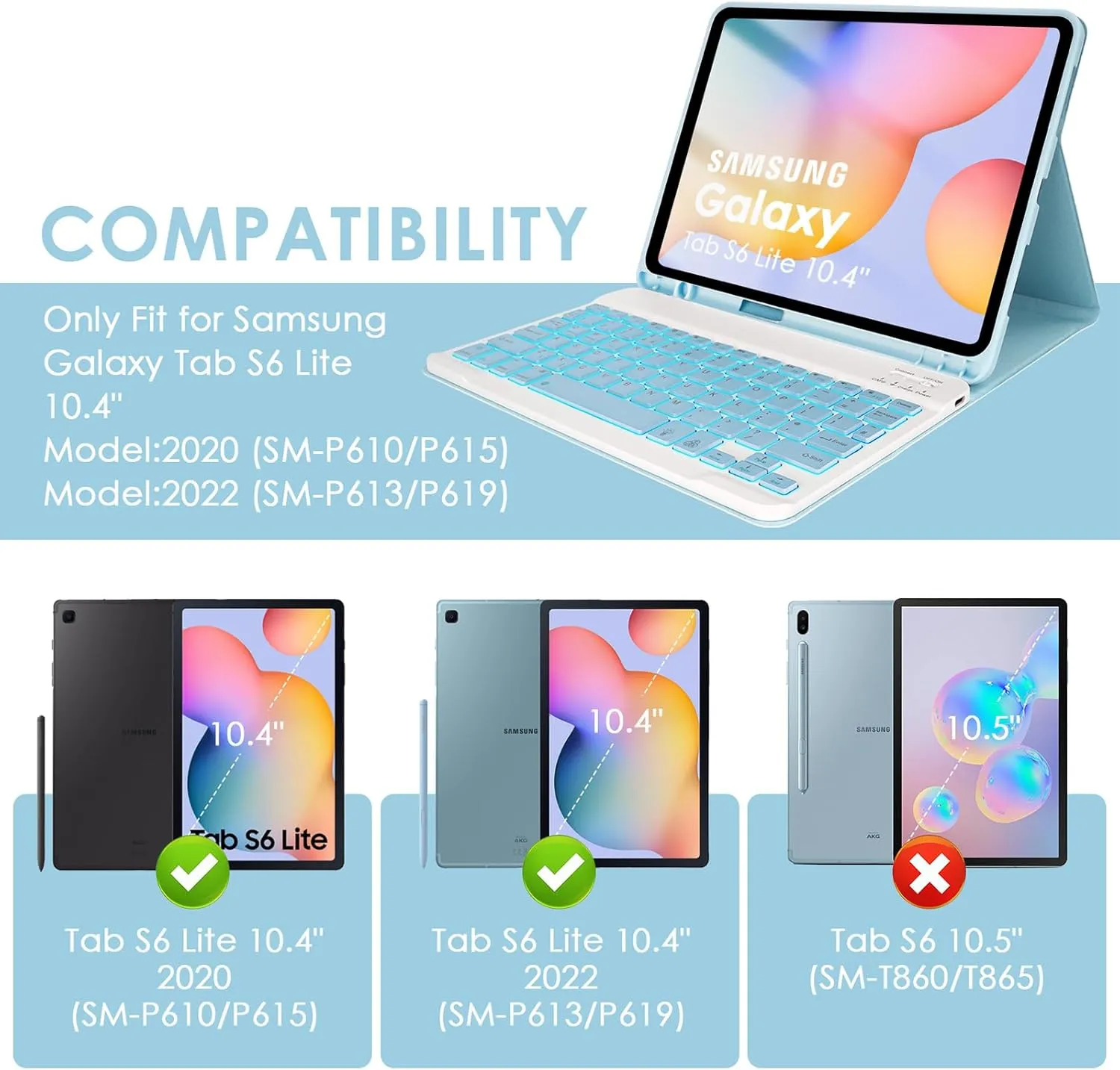 LAMA Backlit Keyboard Case for Samsung Galaxy S6 Lite 10.4" Case with Keyboard, Detachable Keyboard Case with S Pen Holder for Galaxy S6 Lite 10.4" 2020/2022(SM-P610/P615/P613/P619), BL