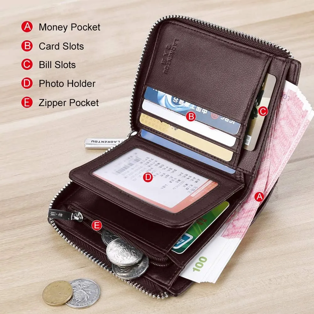 LAORENTOU Genuine Leather Wallets for Men, RFID Blocking, Multi Card Holder Slim Mens Wallet with Zipper Coin Purse, Bifold Wallet for Man, Boys, Teens